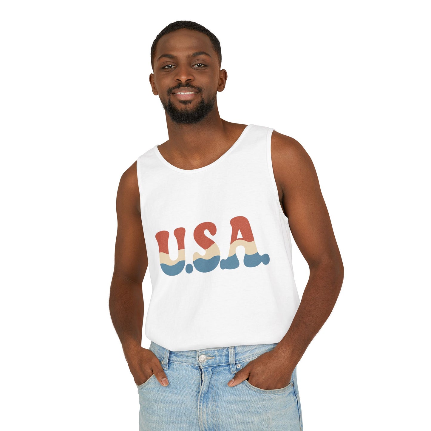 Retro USA Tank Top | Wavy Red White & Blue 70s Style Sleeveless