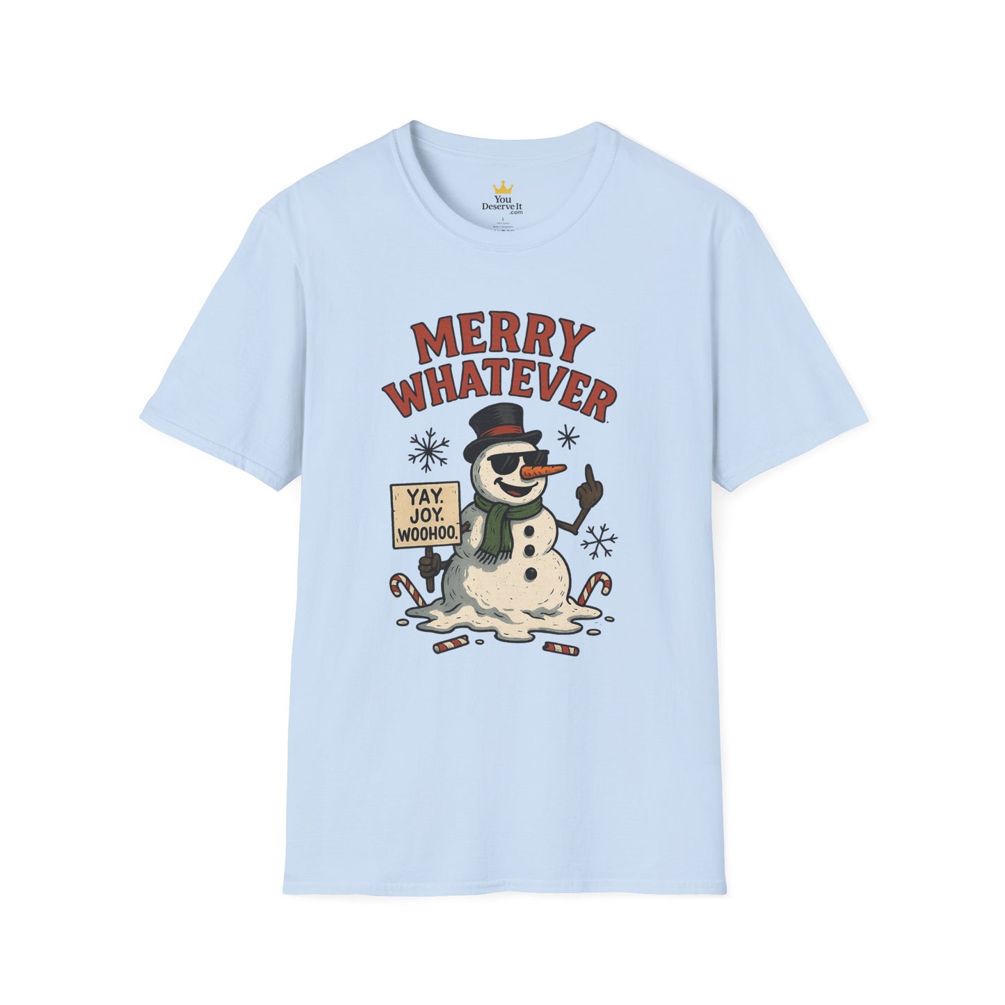 Merry Whatever Funny Snowman Shirt | Sarcastic Holiday Mood Tee | Melting Christmas Anti-Spirit Graphic T-Shirt