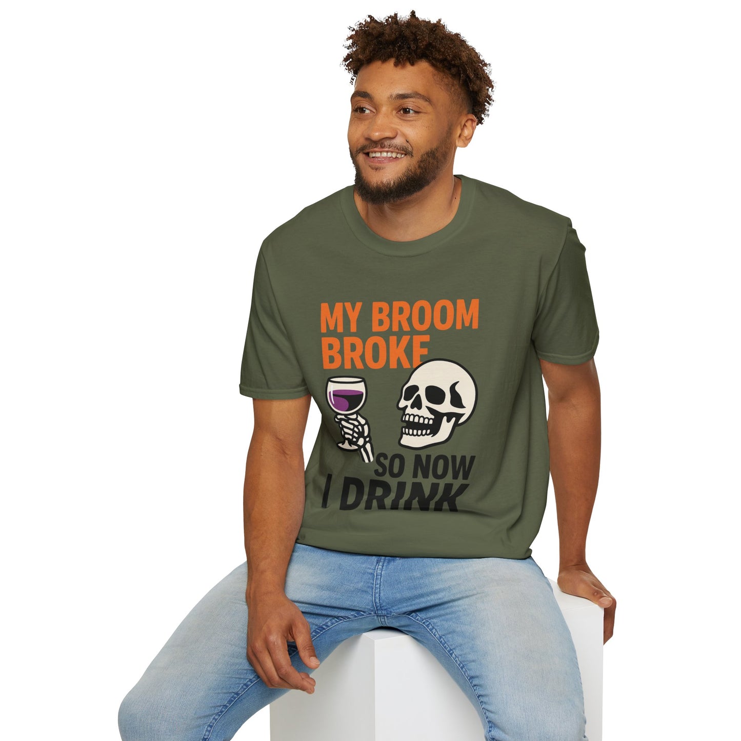 Funny Halloween Shirt – “My Broom Broke So Now I Drink” Sarcastic Graphic Tee