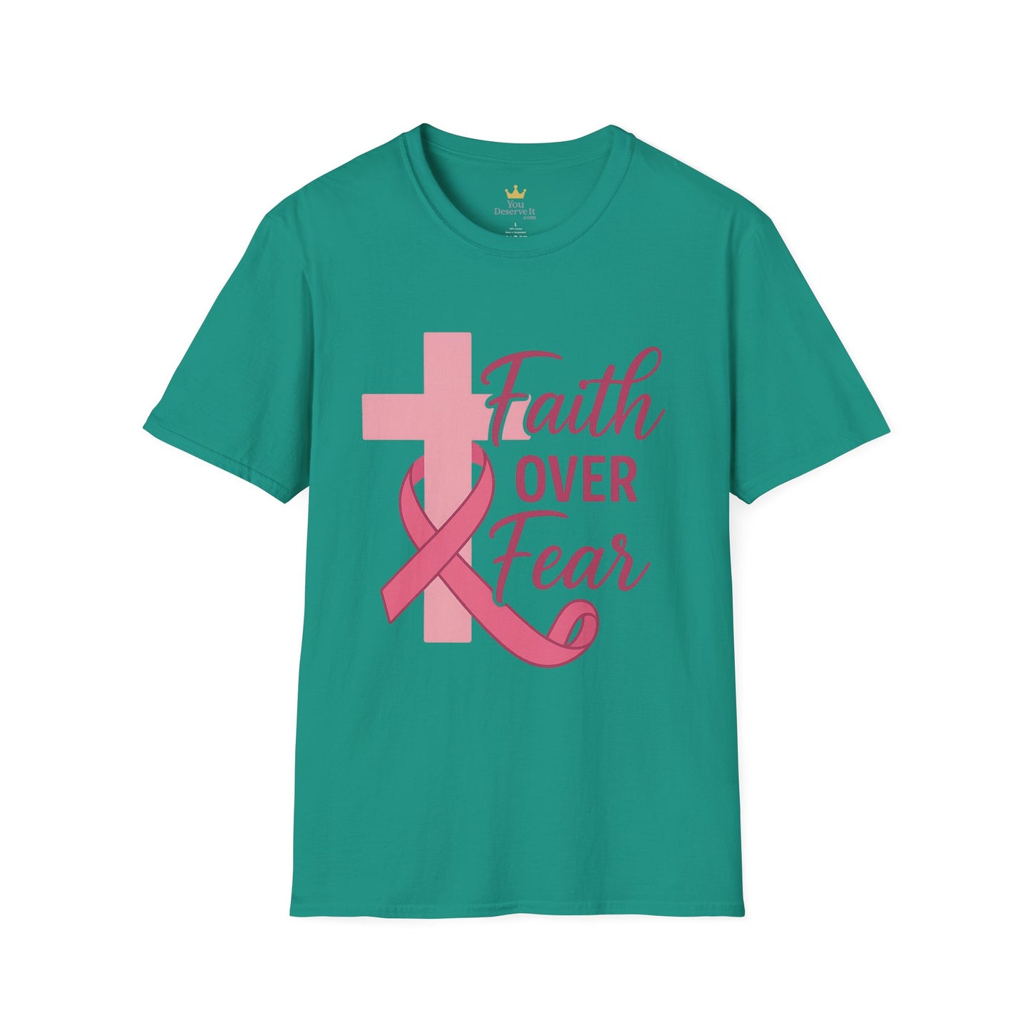 Faith Over Fear Shirt | Breast Cancer Awareness Christian Tee with Cross & Pink Ribbon