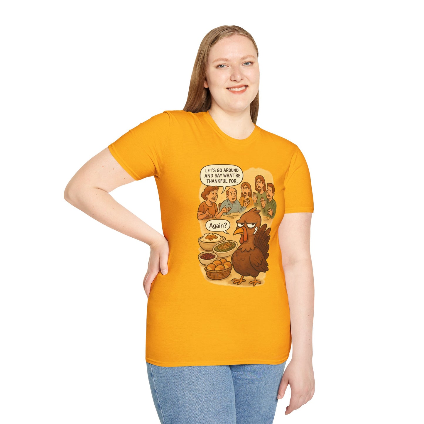 Funny Thanksgiving Turkey T-Shirt | "Again?" Dinner Meme Tee | Sarcastic Holiday Humor, Anti-Social Turkey Shirt, Relatable Family Gathering Tee
