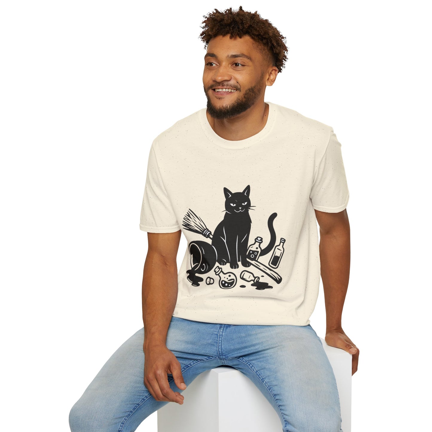 Black Cat Knocking Over Witch’s Essentials – Funny Halloween T-Shirt Design