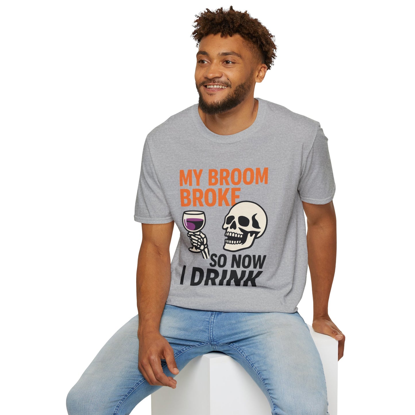Funny Halloween Shirt – “My Broom Broke So Now I Drink” Sarcastic Graphic Tee