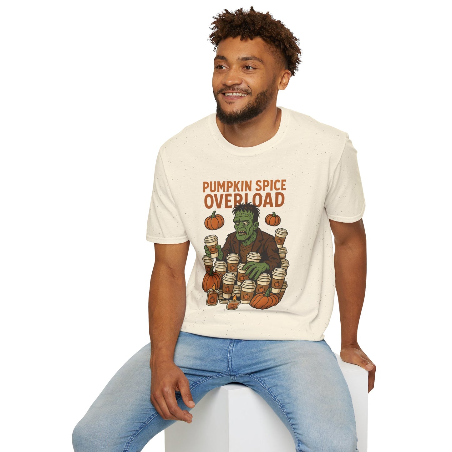 Pumpkin Spice Overload – Funny Frankenstein Halloween Coffee Lover T-Shirt