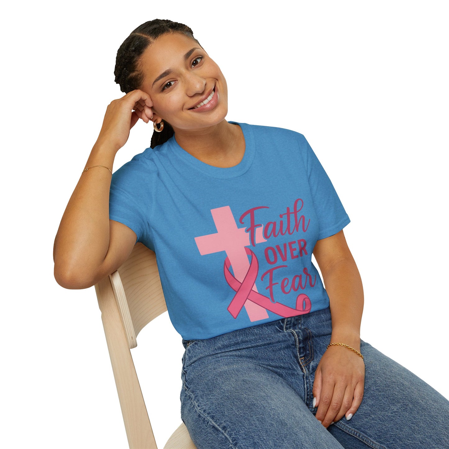 Faith Over Fear Shirt | Breast Cancer Awareness Christian Tee with Cross & Pink Ribbon