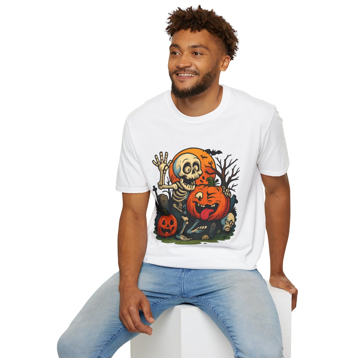 Funny Halloween Skeleton & Pumpkin T-Shirt – Cute Spooky Comic Design