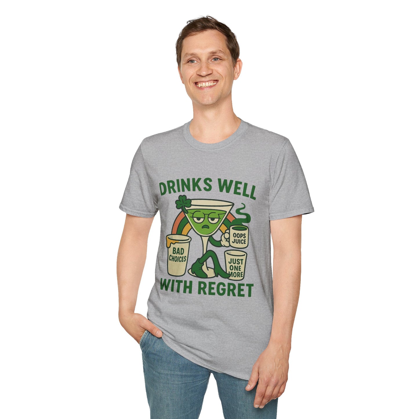 Drinks Well With Regret | Funny St. Patrick's Day Tee | Sarcastic Drinking Shirt, Bad Decisions Graphic T-Shirt for Party Lovers