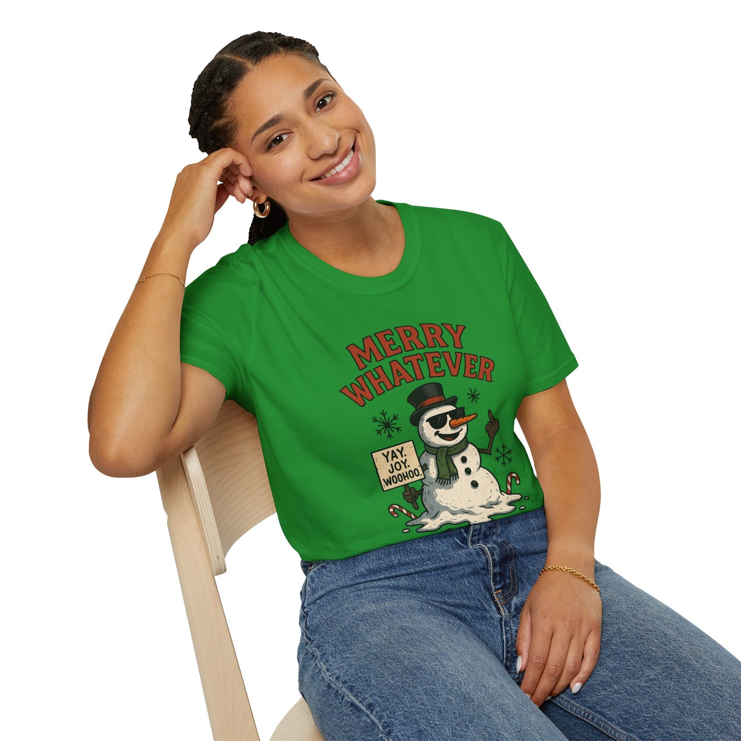 Merry Whatever Funny Snowman Shirt | Sarcastic Holiday Mood Tee | Melting Christmas Anti-Spirit Graphic T-Shirt