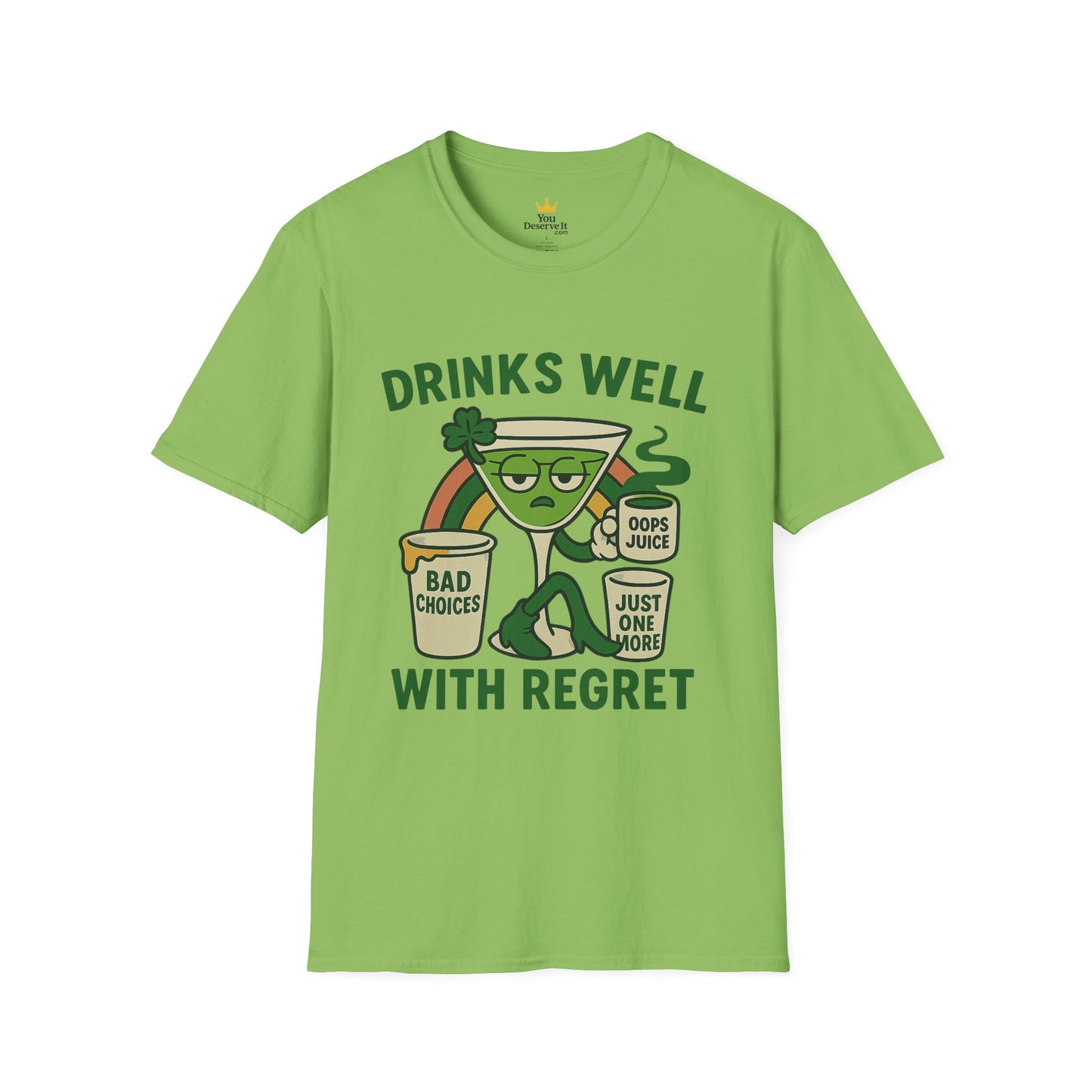 Drinks Well With Regret | Funny St. Patrick's Day Tee | Sarcastic Drinking Shirt, Bad Decisions Graphic T-Shirt for Party Lovers