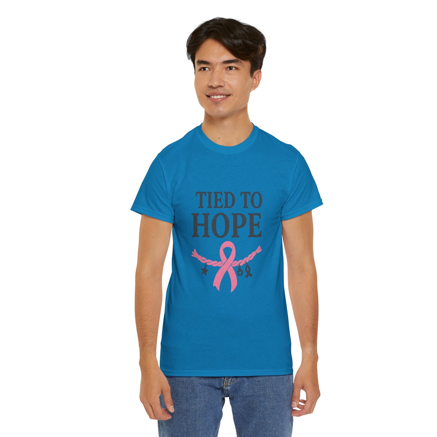 Tied to Hope Shirt | Breast Cancer Awareness Tee with Ribbon and Charms | Support & Survivor T-Shirt