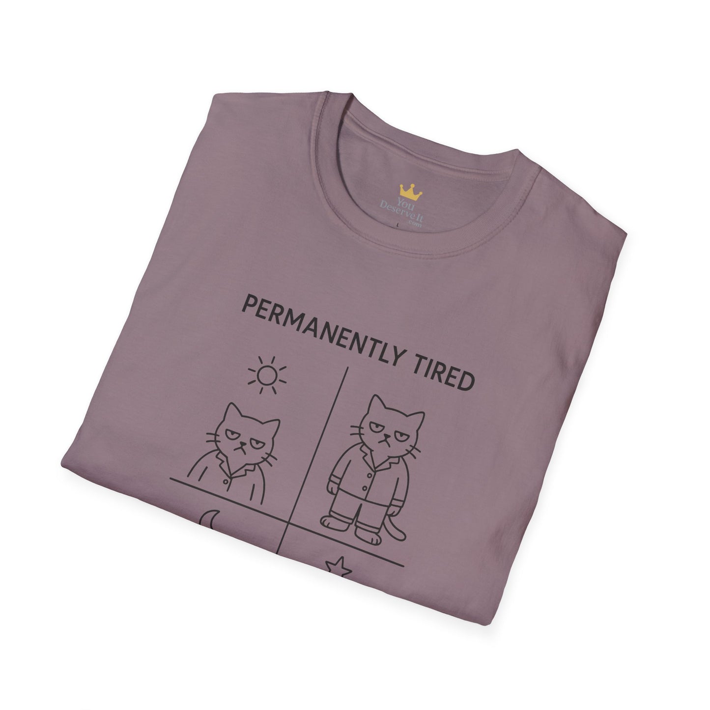 Permanently Tired Grumpy Cat T-Shirt | Minimalist Line Art Pajama Kitty | Unisex Softstyle T-Shirt