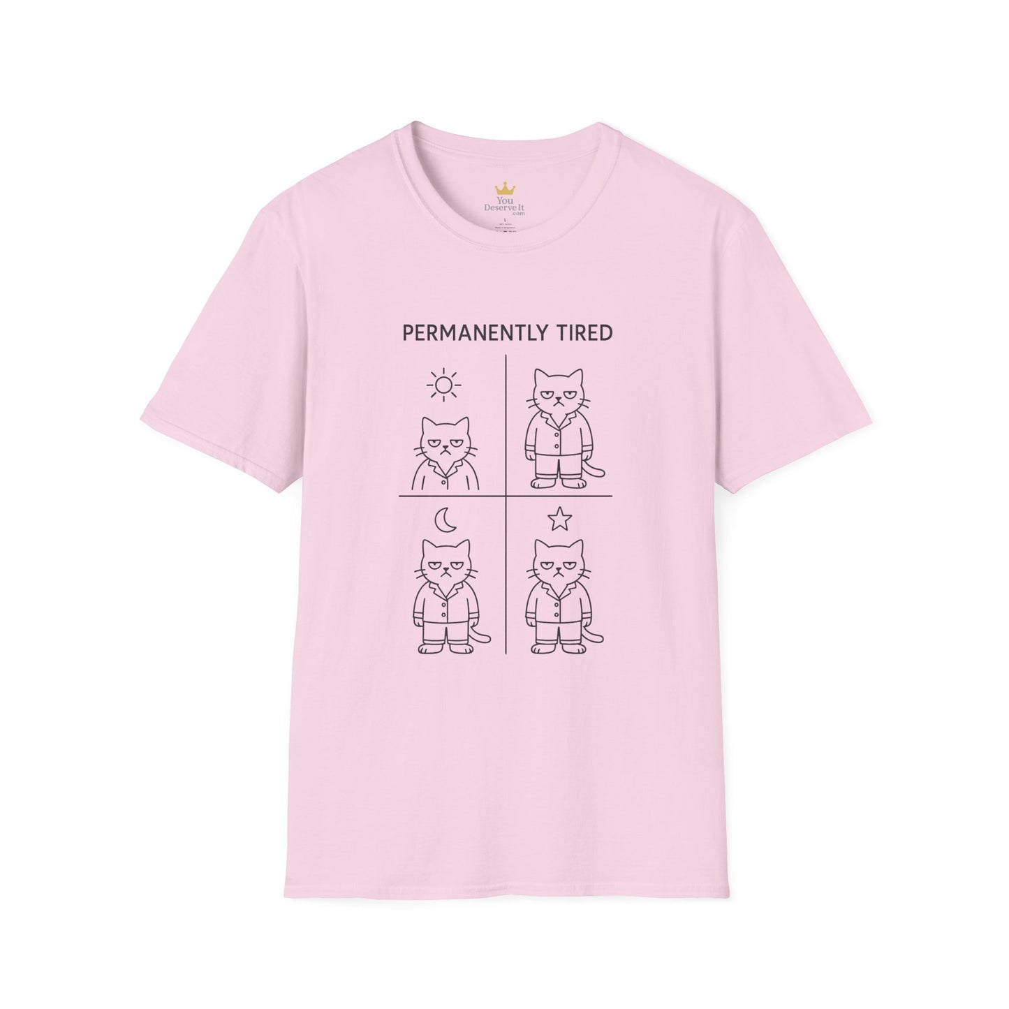 Permanently Tired Grumpy Cat T-Shirt | Minimalist Line Art Pajama Kitty | Unisex Softstyle T-Shirt