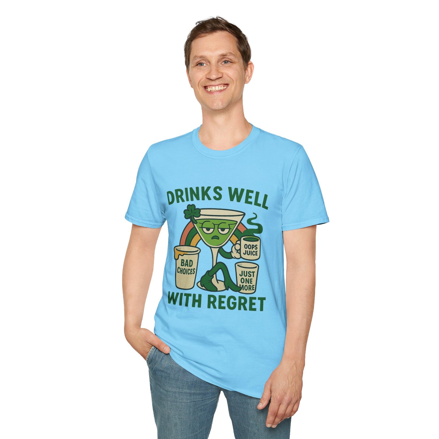 Drinks Well With Regret | Funny St. Patrick's Day Tee | Sarcastic Drinking Shirt, Bad Decisions Graphic T-Shirt for Party Lovers