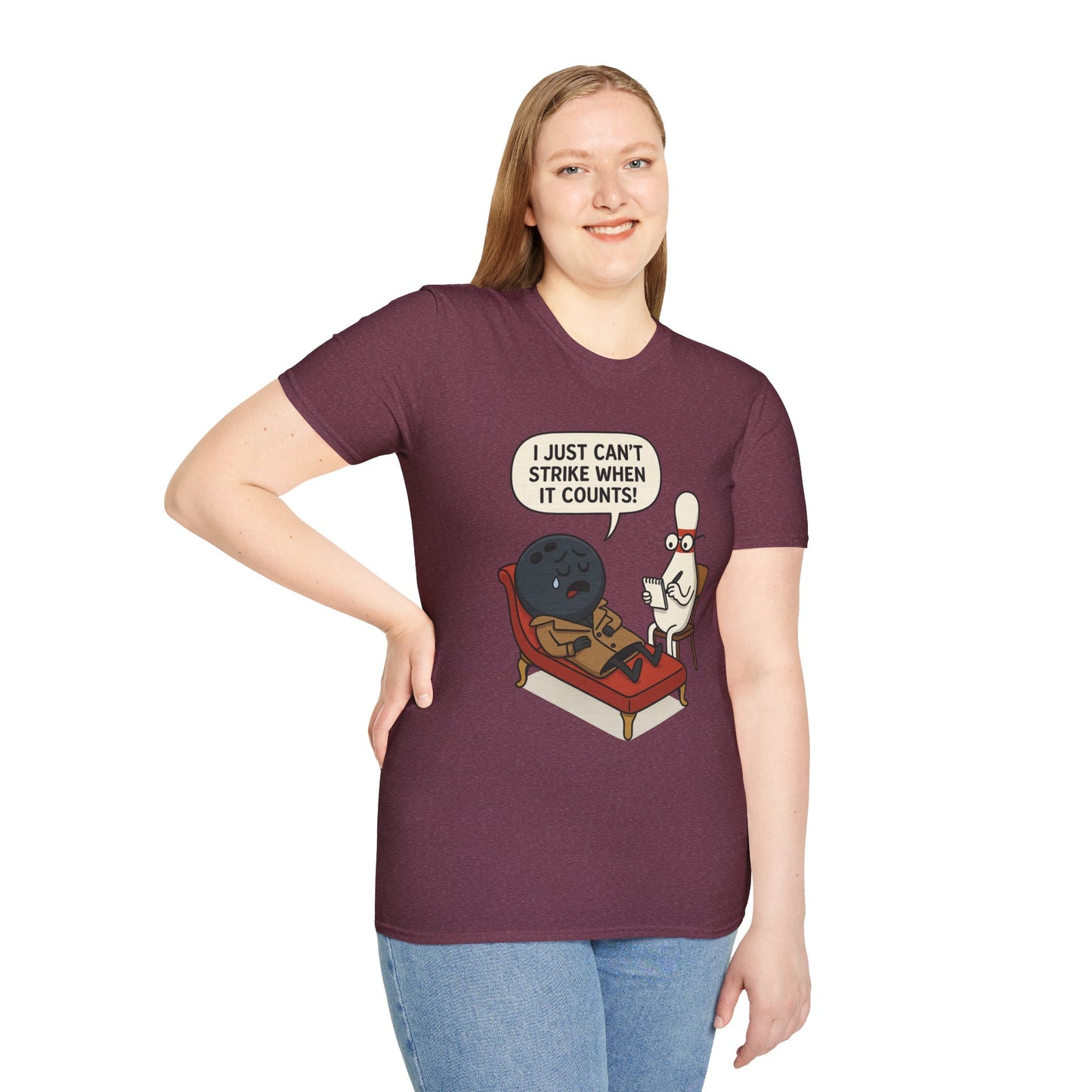 Funny Bowling T-Shirt | "I Just Can't Strike When It Counts!" Therapy Cartoon Tee