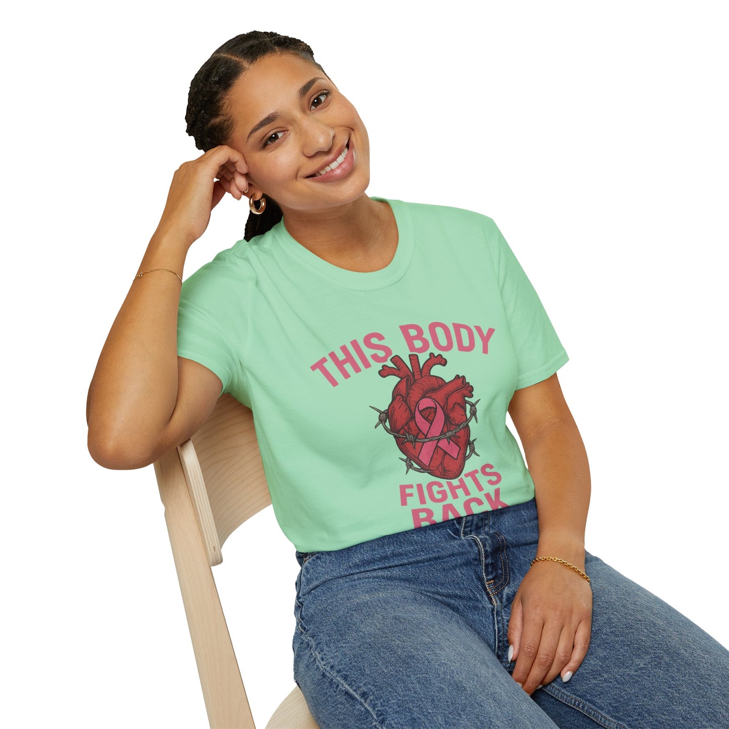 This Body Fights Back Shirt | Bold Breast Cancer Awareness Tee with Heart & Barbed Wire Design