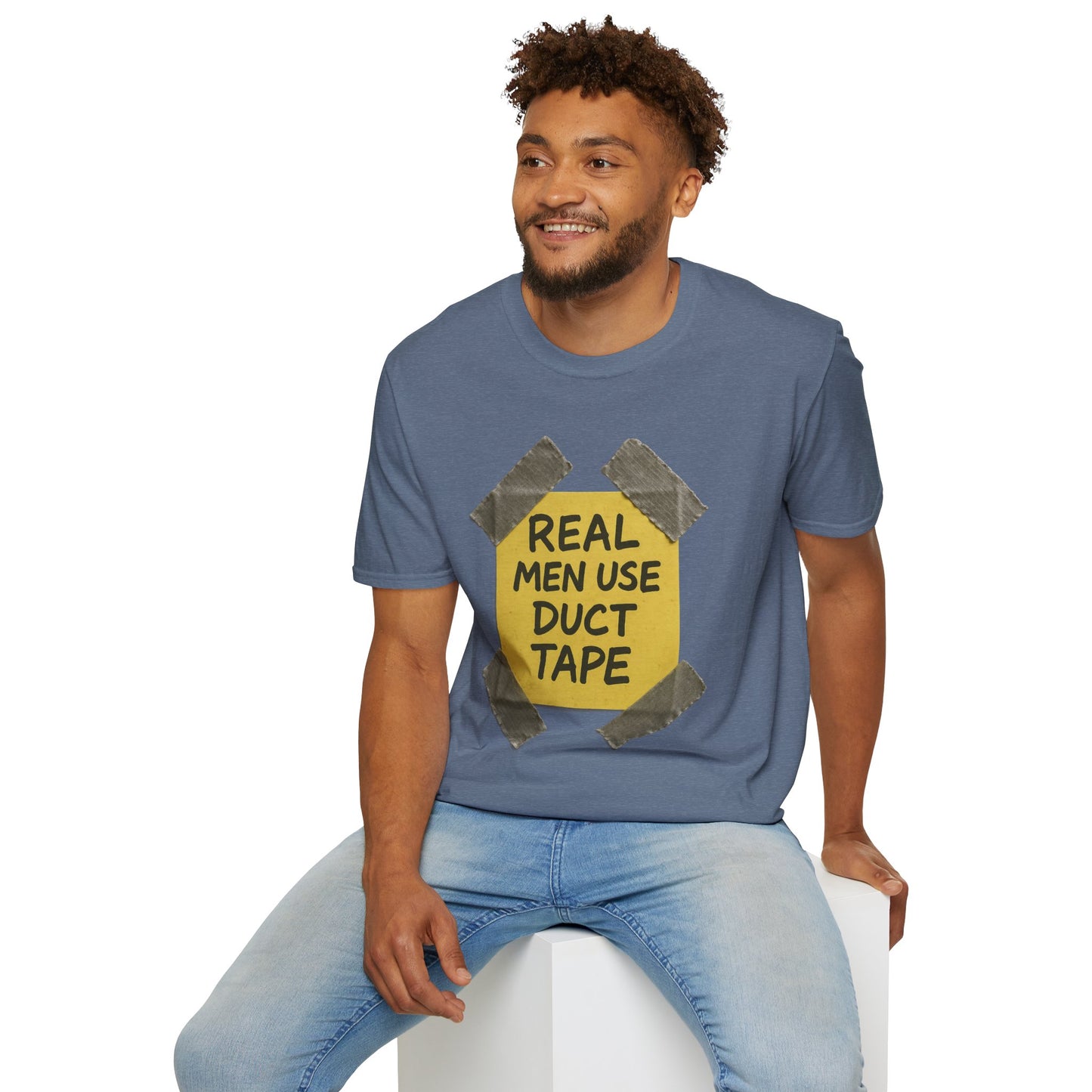 REAL MEN USE DUCT TAPE | Double-Sided '80s Fix-It T-Shirt | Bold DIY Humor Tee, Casual Wear, Handy Man Shirt, Great for Father's Day