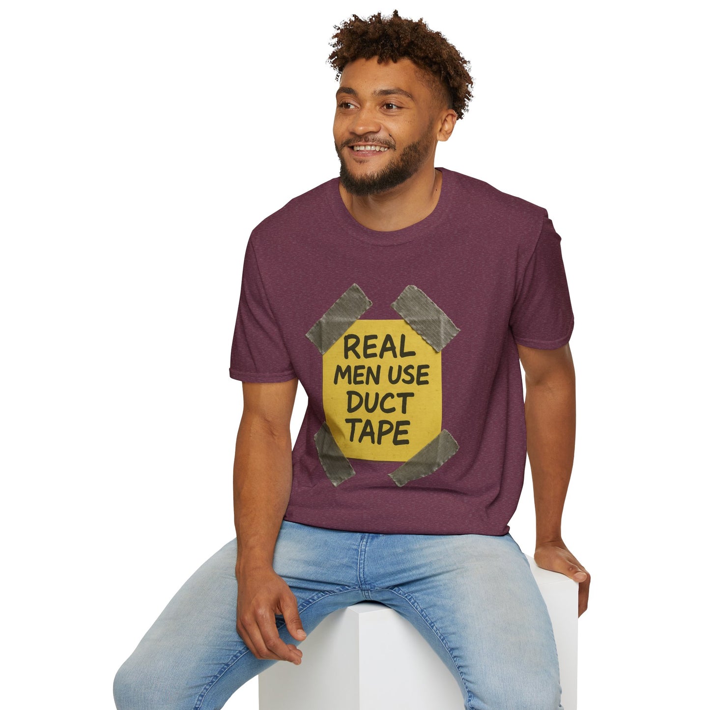 REAL MEN USE DUCT TAPE | Double-Sided '80s Fix-It T-Shirt | Bold DIY Humor Tee, Casual Wear, Handy Man Shirt, Great for Father's Day