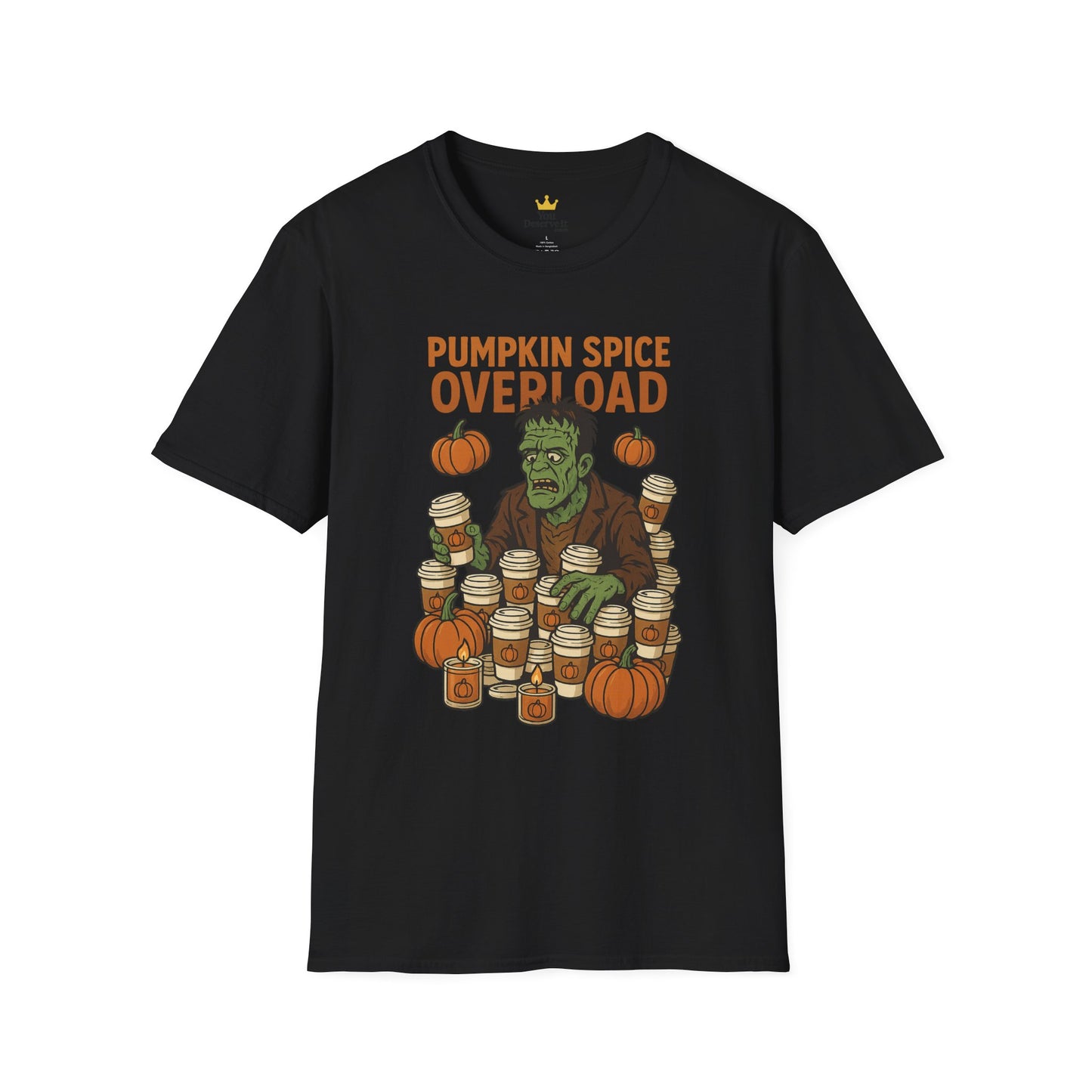 Pumpkin Spice Overload – Funny Frankenstein Halloween Coffee Lover T-Shirt