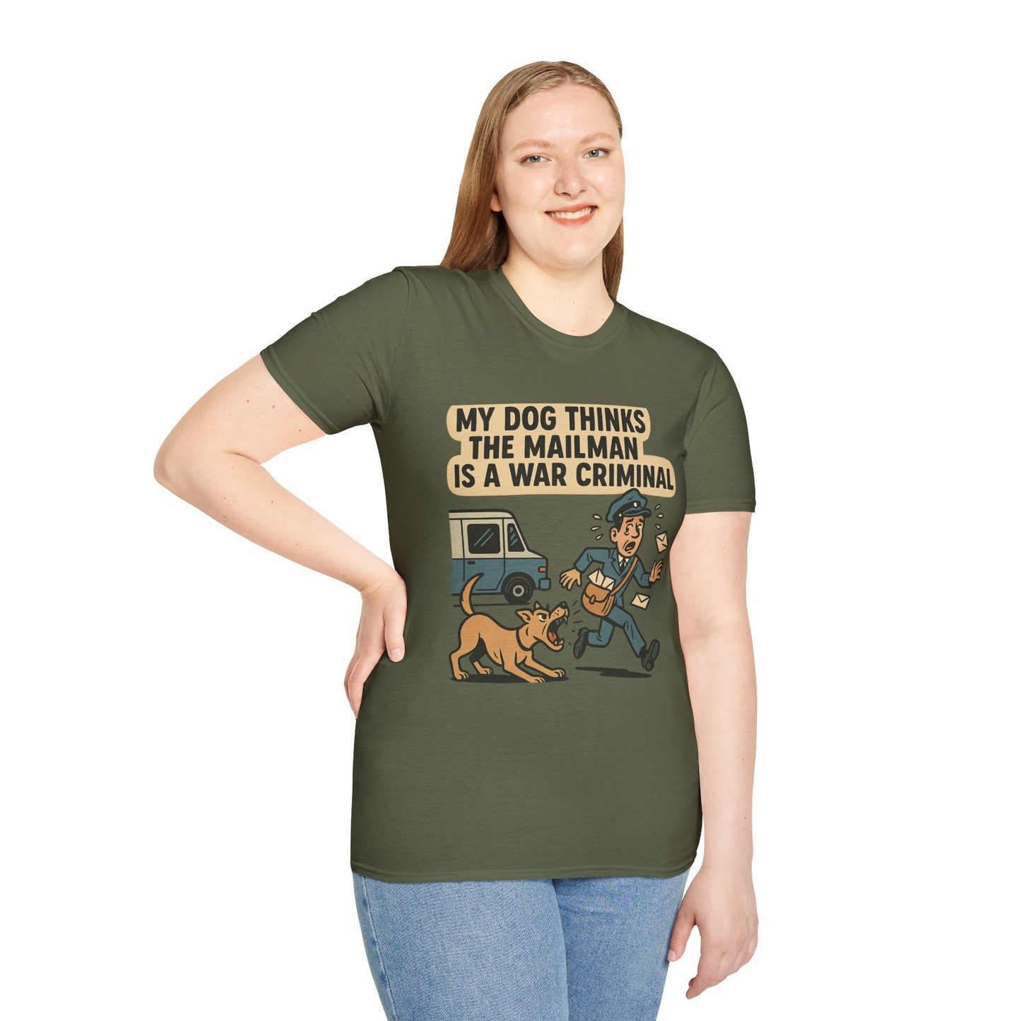 My Dog Thinks the Mailman Is a War Criminal – Funny Retro Comic Dog Owner T-Shirt
