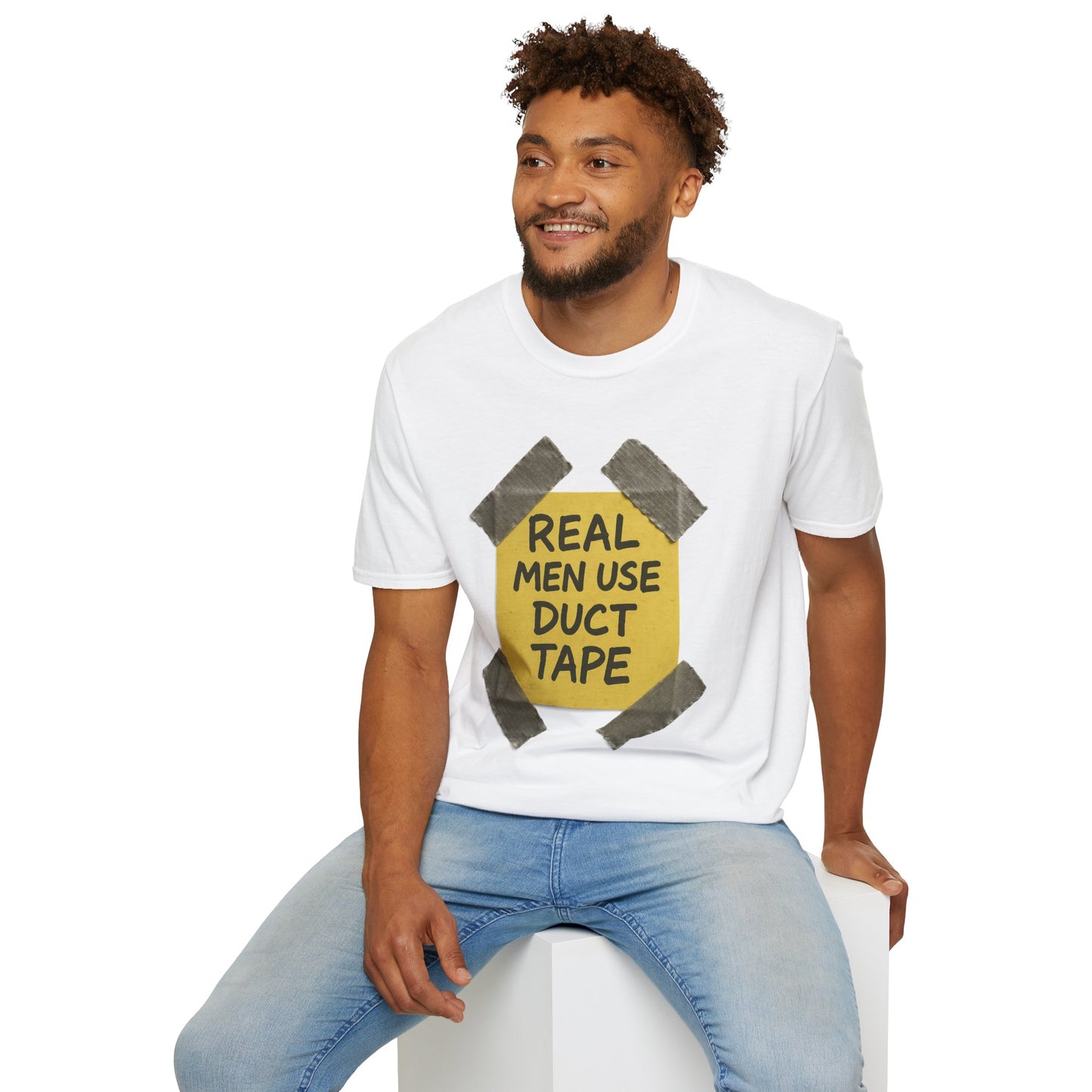 REAL MEN USE DUCT TAPE | Double-Sided '80s Fix-It T-Shirt | Bold DIY Humor Tee, Casual Wear, Handy Man Shirt, Great for Father's Day