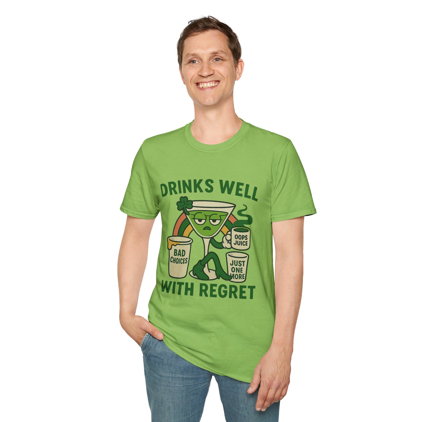 Drinks Well With Regret | Funny St. Patrick's Day Tee | Sarcastic Drinking Shirt, Bad Decisions Graphic T-Shirt for Party Lovers