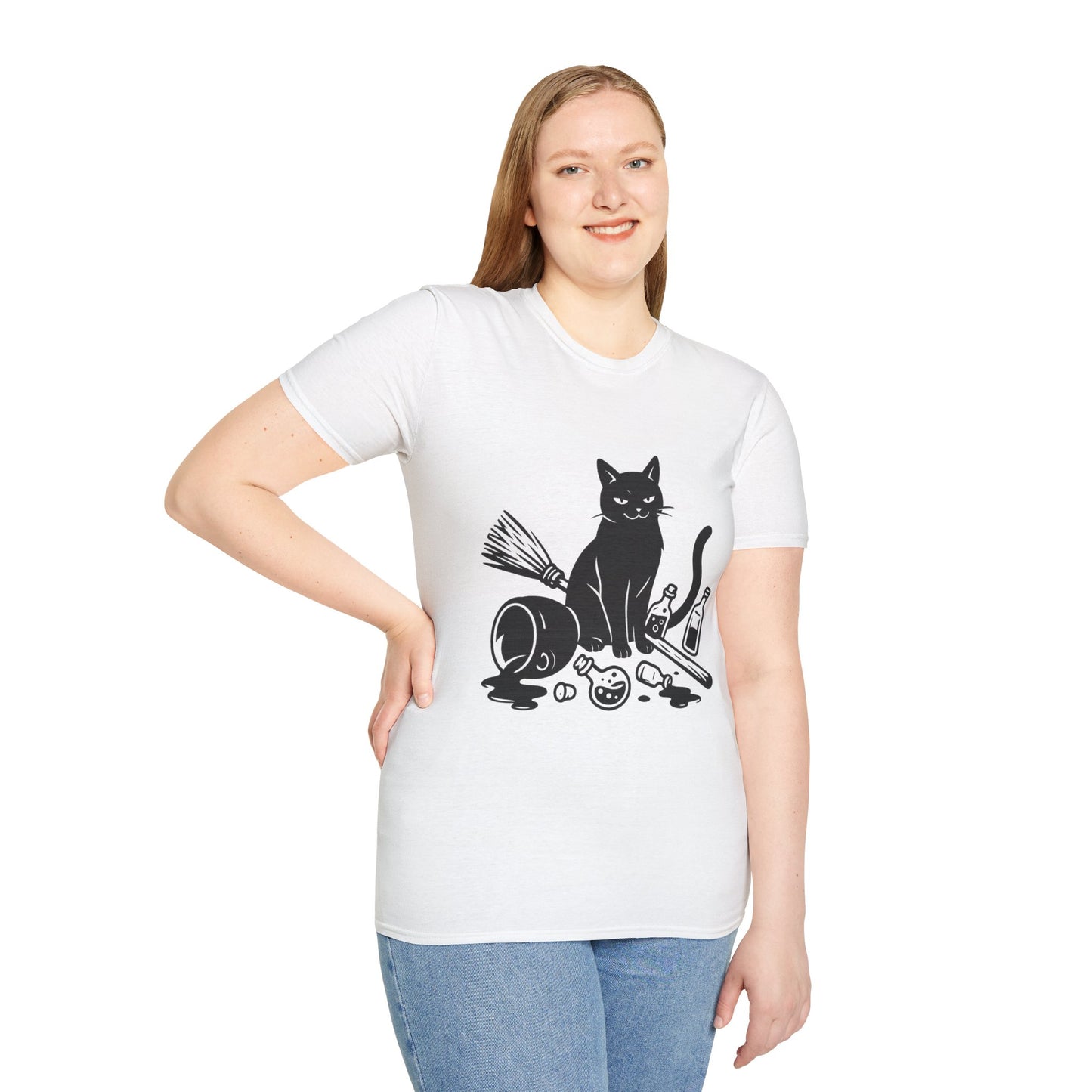 Black Cat Knocking Over Witch’s Essentials – Funny Halloween T-Shirt Design