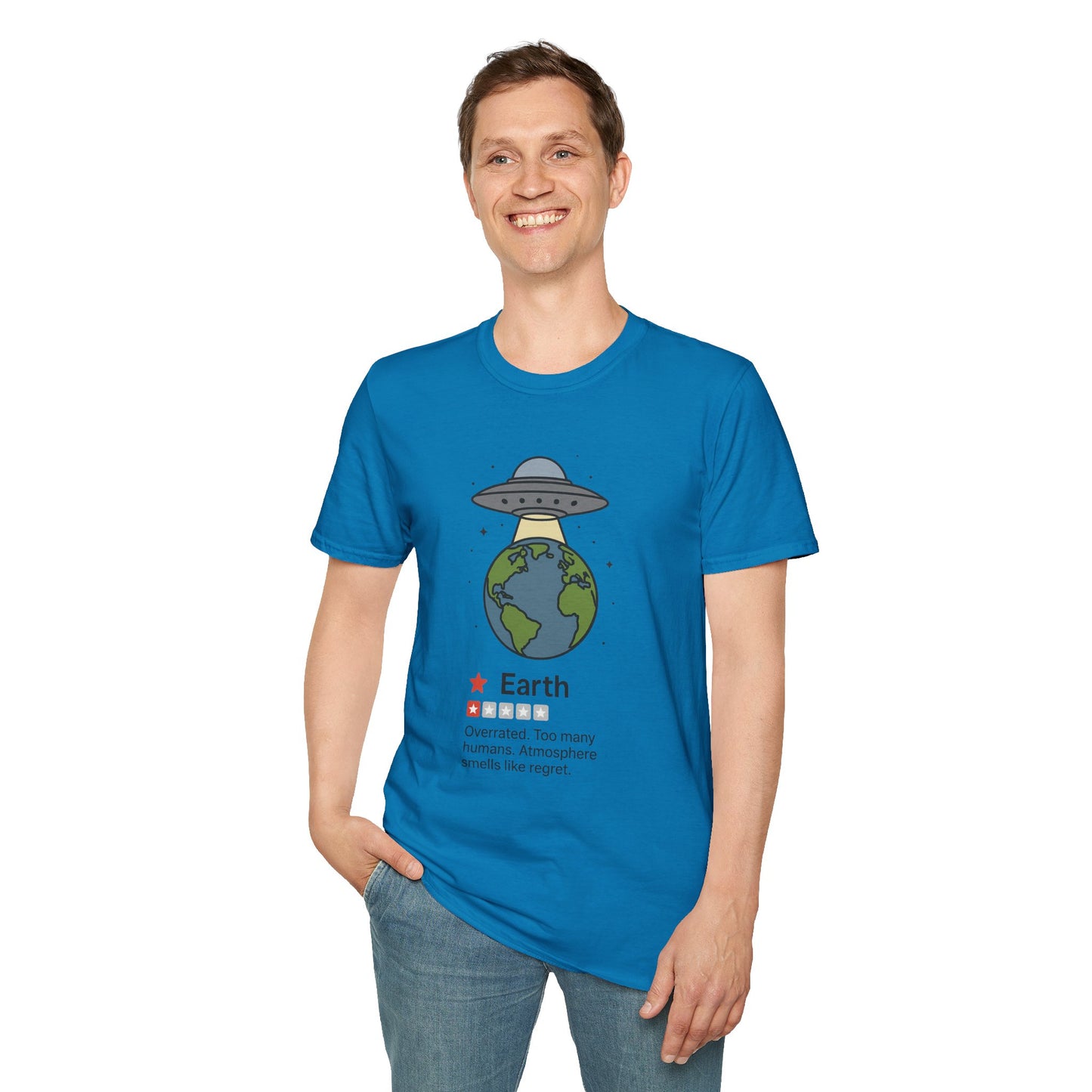 Funny Alien Earth Review T-Shirt | "Earth: 1 Star, Overrated" UFO Graphic Tee