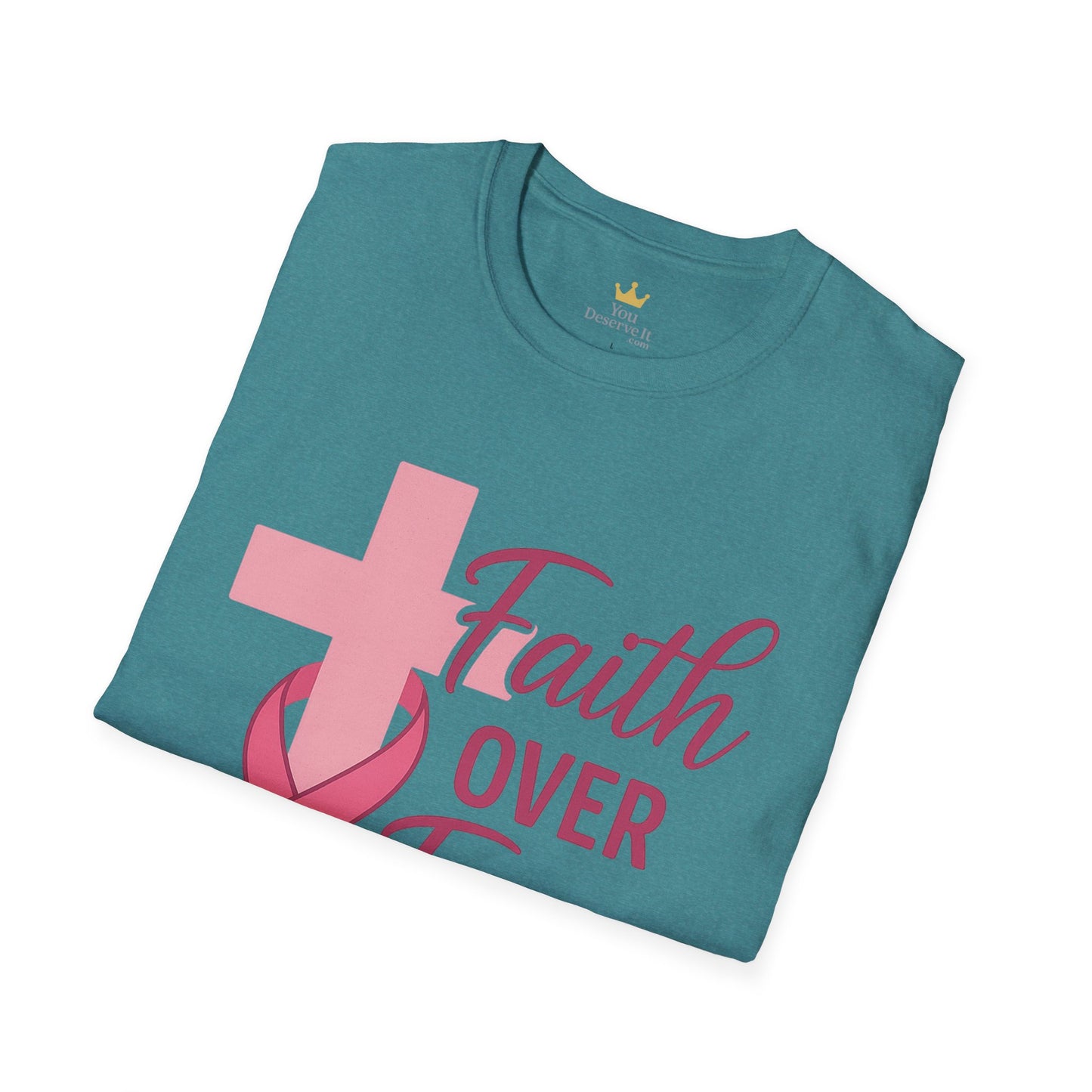 Faith Over Fear Shirt | Breast Cancer Awareness Christian Tee with Cross & Pink Ribbon