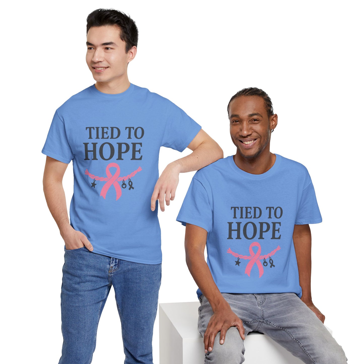 Tied to Hope Shirt | Breast Cancer Awareness Tee with Ribbon and Charms | Support & Survivor T-Shirt