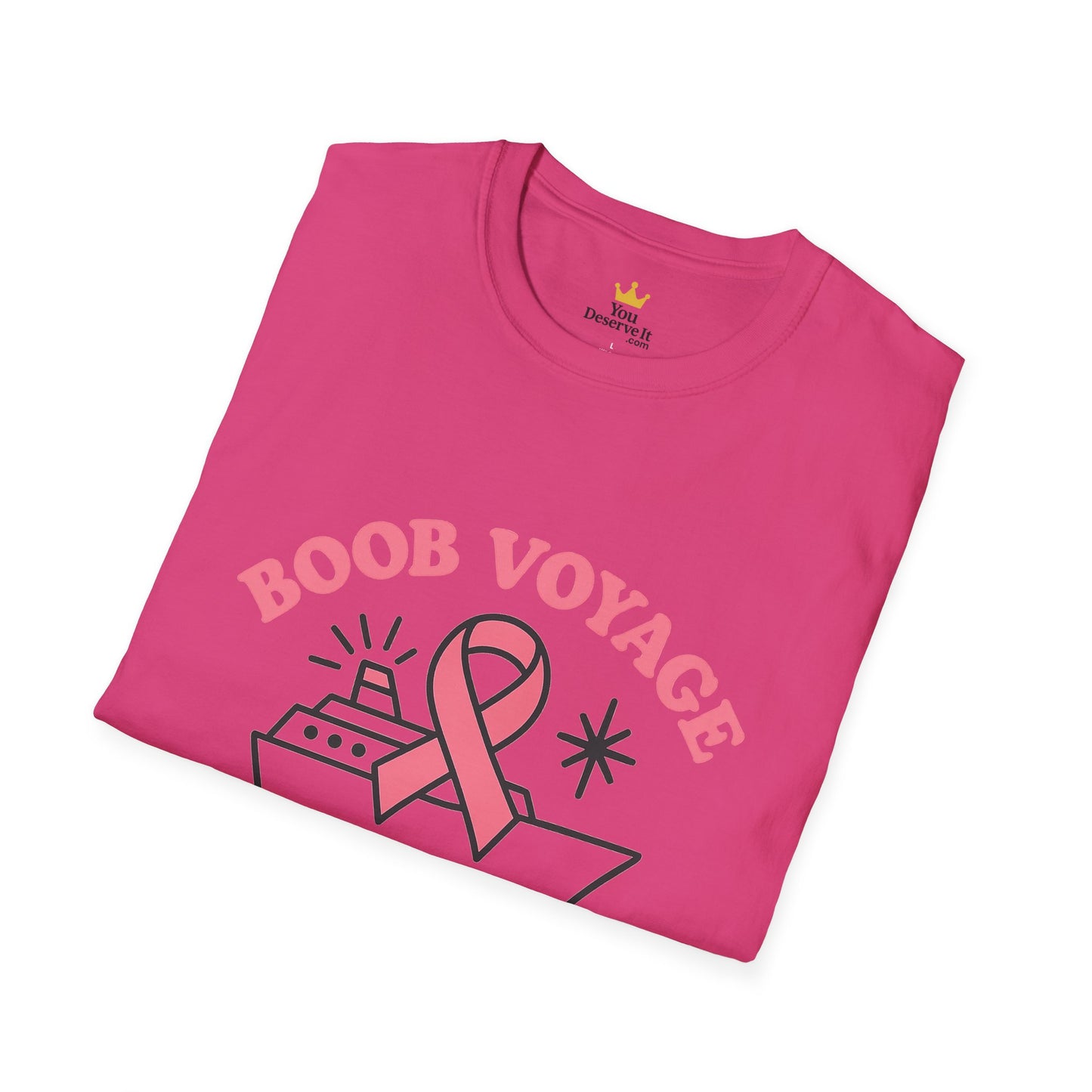 Boob Voyage T-Shirt | Funny Mastectomy Support Tee with Pink Ribbon and Cruise Ship