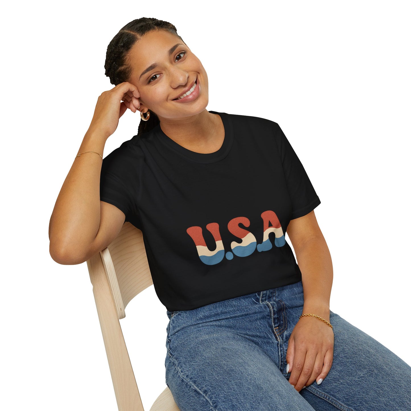 Retro USA T-Shirt | Wavy Red White & Blue 70s Style