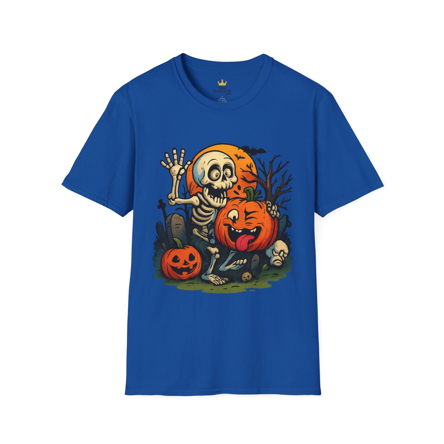 Funny Halloween Skeleton & Pumpkin T-Shirt – Cute Spooky Comic Design
