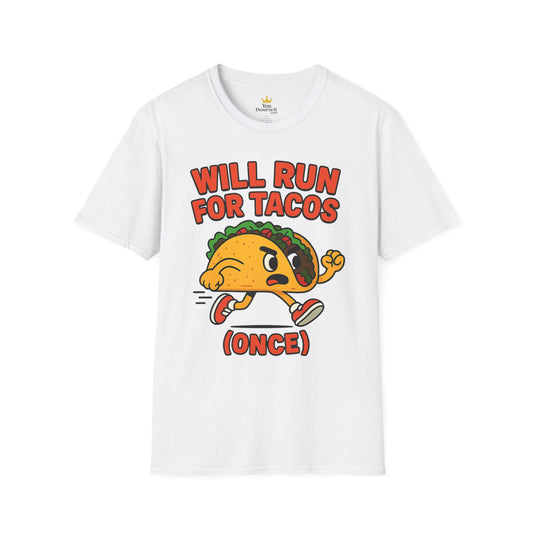 Will Run for Tacos (Once) – Funny Cartoon Taco Running Shoes T-Shirt