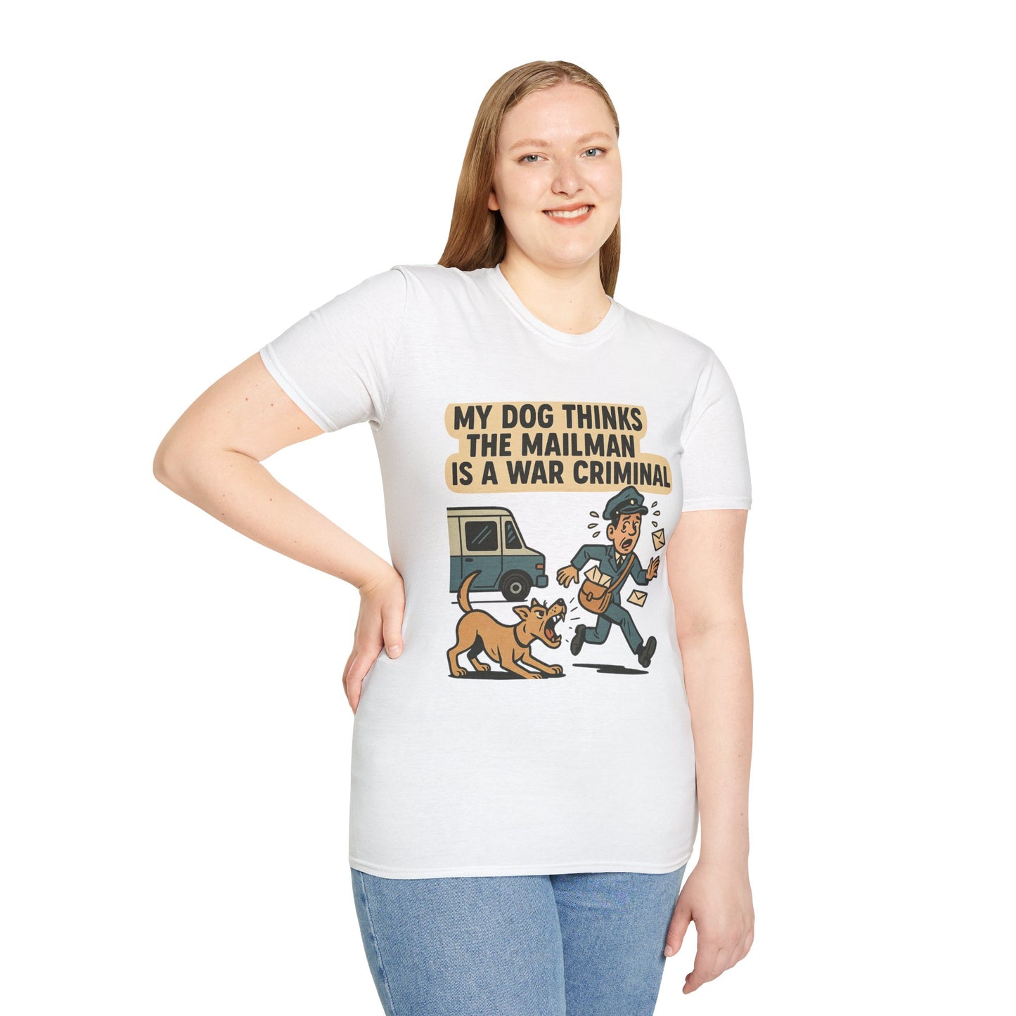 My Dog Thinks the Mailman Is a War Criminal – Funny Retro Comic Dog Owner T-Shirt