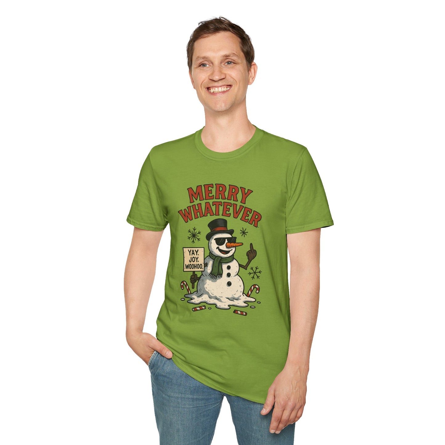 Merry Whatever Funny Snowman Shirt | Sarcastic Holiday Mood Tee | Melting Christmas Anti-Spirit Graphic T-Shirt