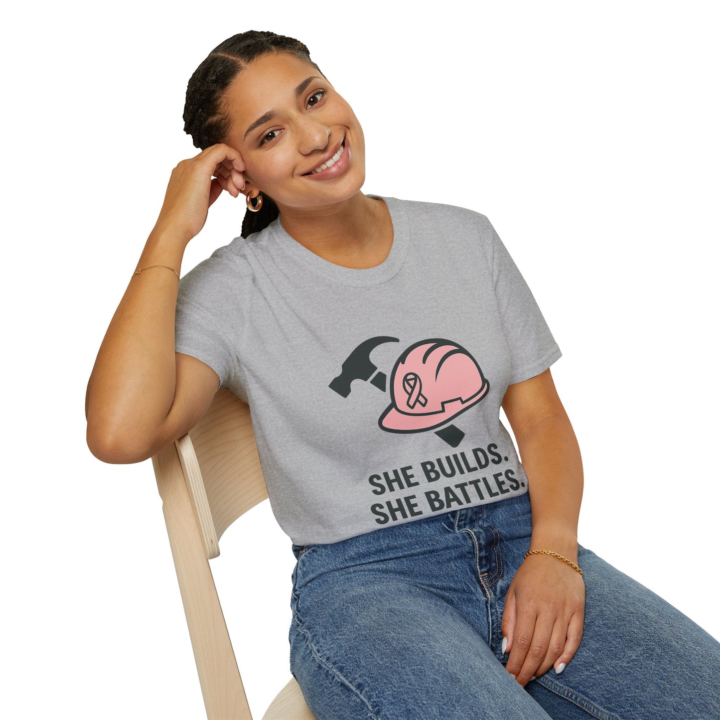 She Builds. She Battles. | Pink Ribbon Hard Hat Tee