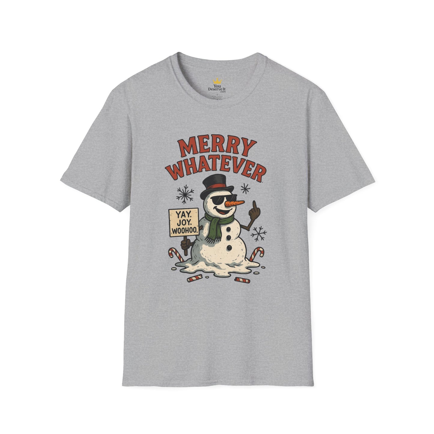 Merry Whatever Funny Snowman Shirt | Sarcastic Holiday Mood Tee | Melting Christmas Anti-Spirit Graphic T-Shirt
