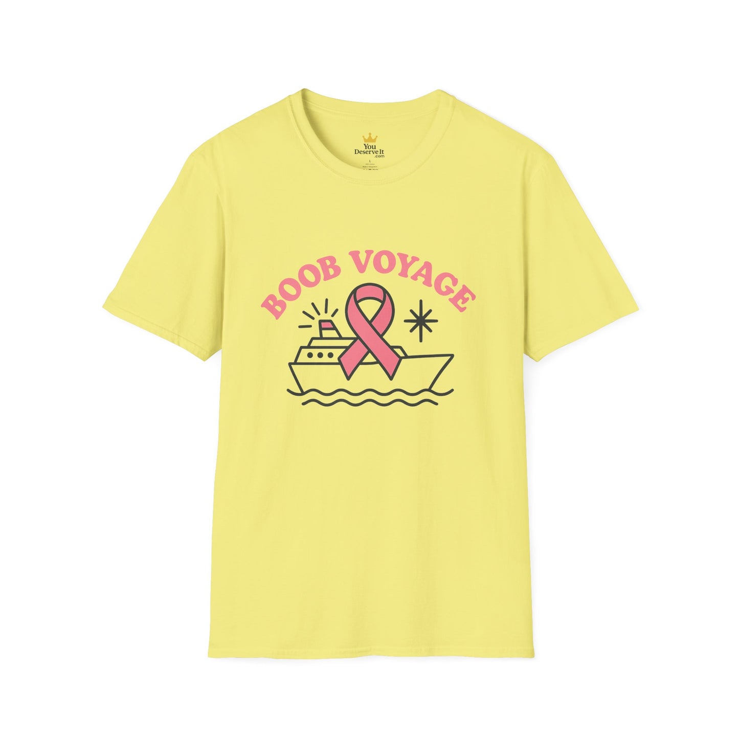 Boob Voyage T-Shirt | Funny Mastectomy Support Tee with Pink Ribbon and Cruise Ship