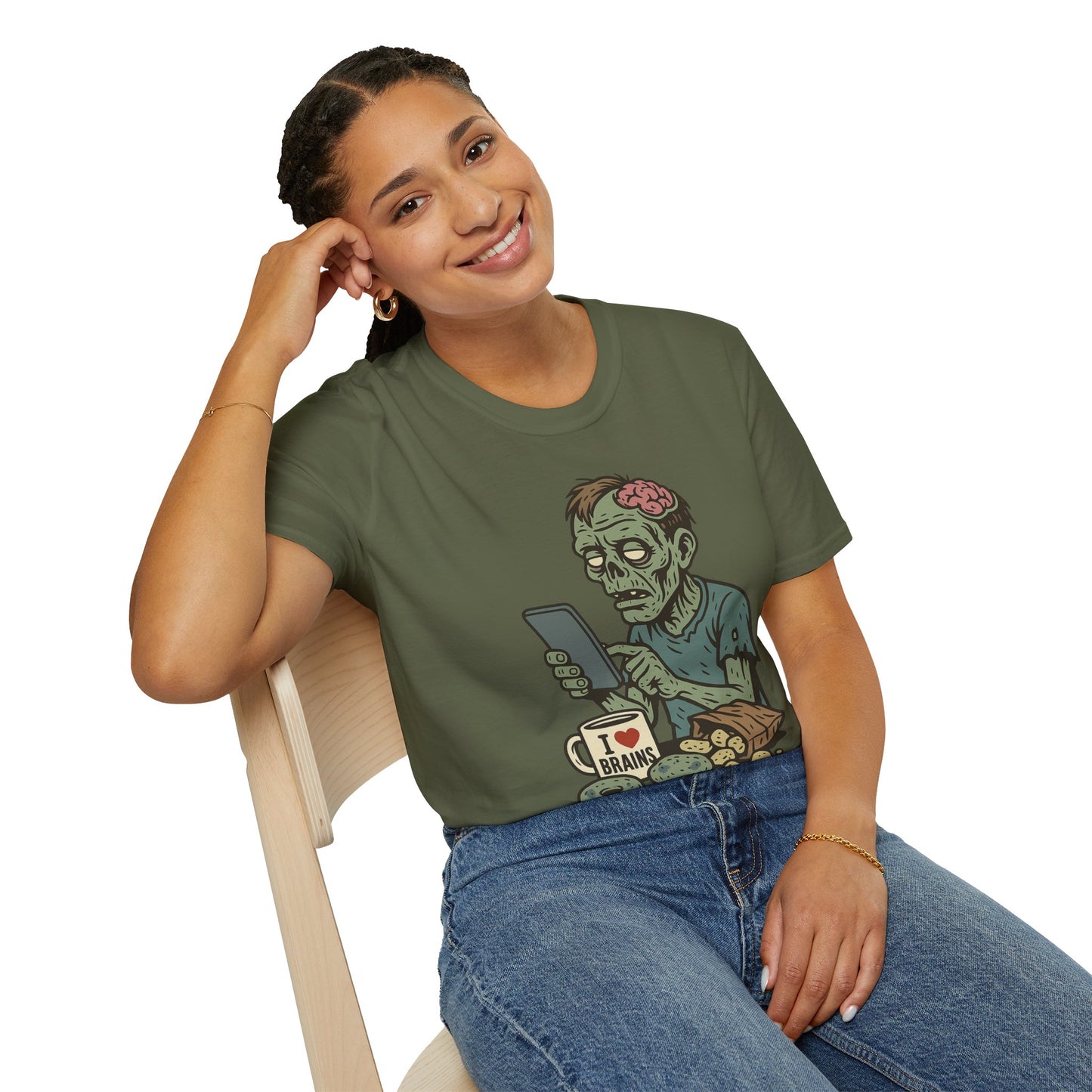 Zombie Social Media Addict – Funny Undead Coffee Mug & Snack Scene T-Shirt