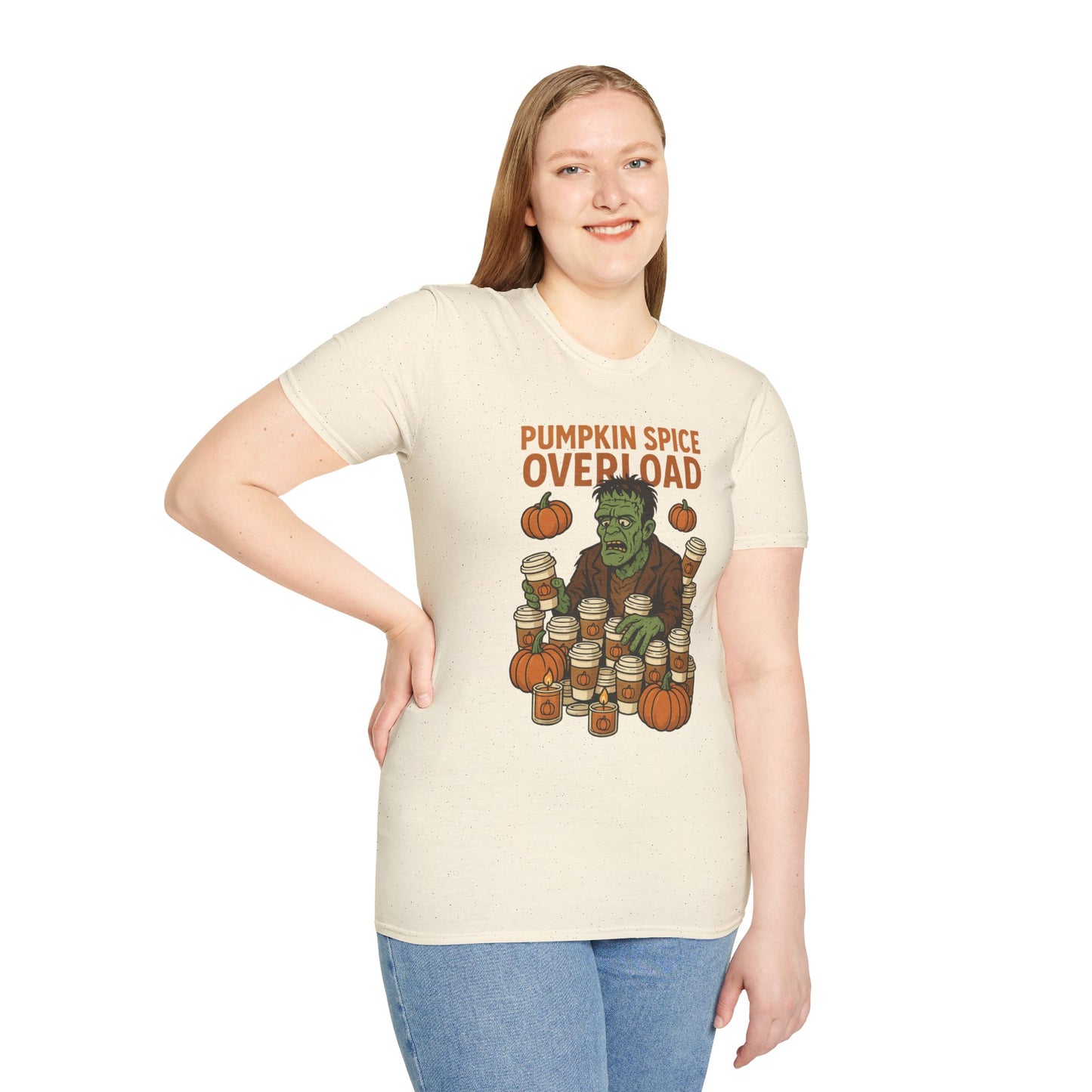 Pumpkin Spice Overload – Funny Frankenstein Halloween Coffee Lover T-Shirt