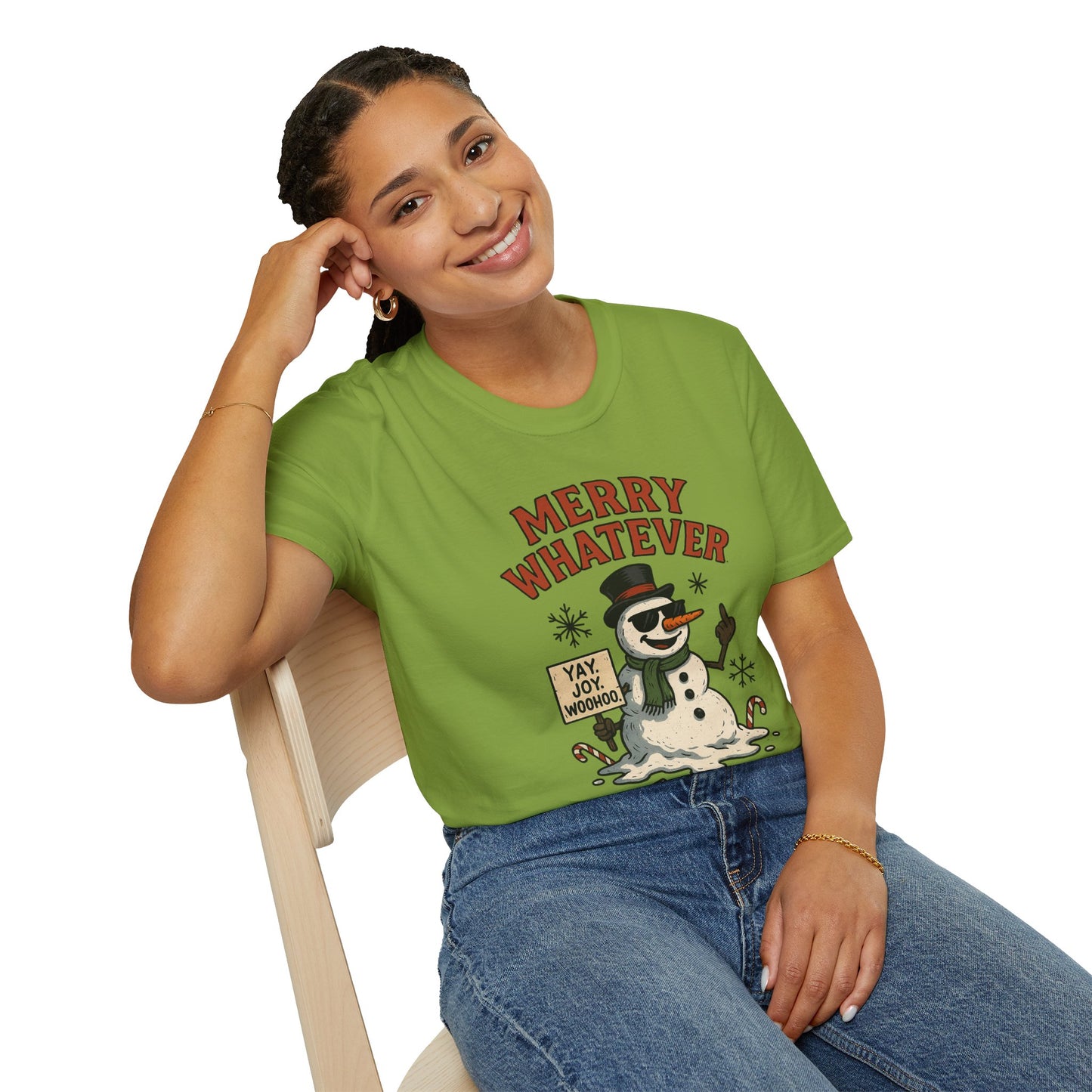 Merry Whatever Funny Snowman Shirt | Sarcastic Holiday Mood Tee | Melting Christmas Anti-Spirit Graphic T-Shirt