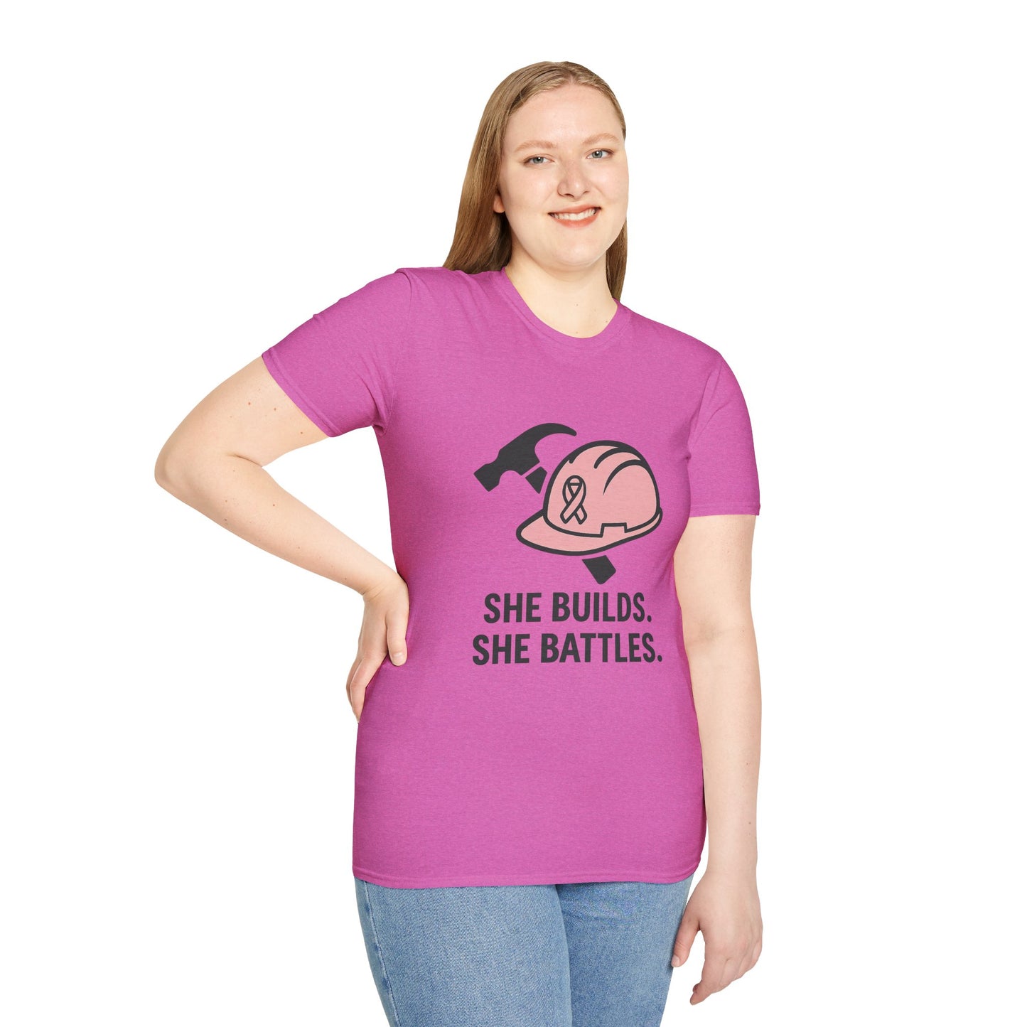 She Builds. She Battles. | Pink Ribbon Hard Hat Tee
