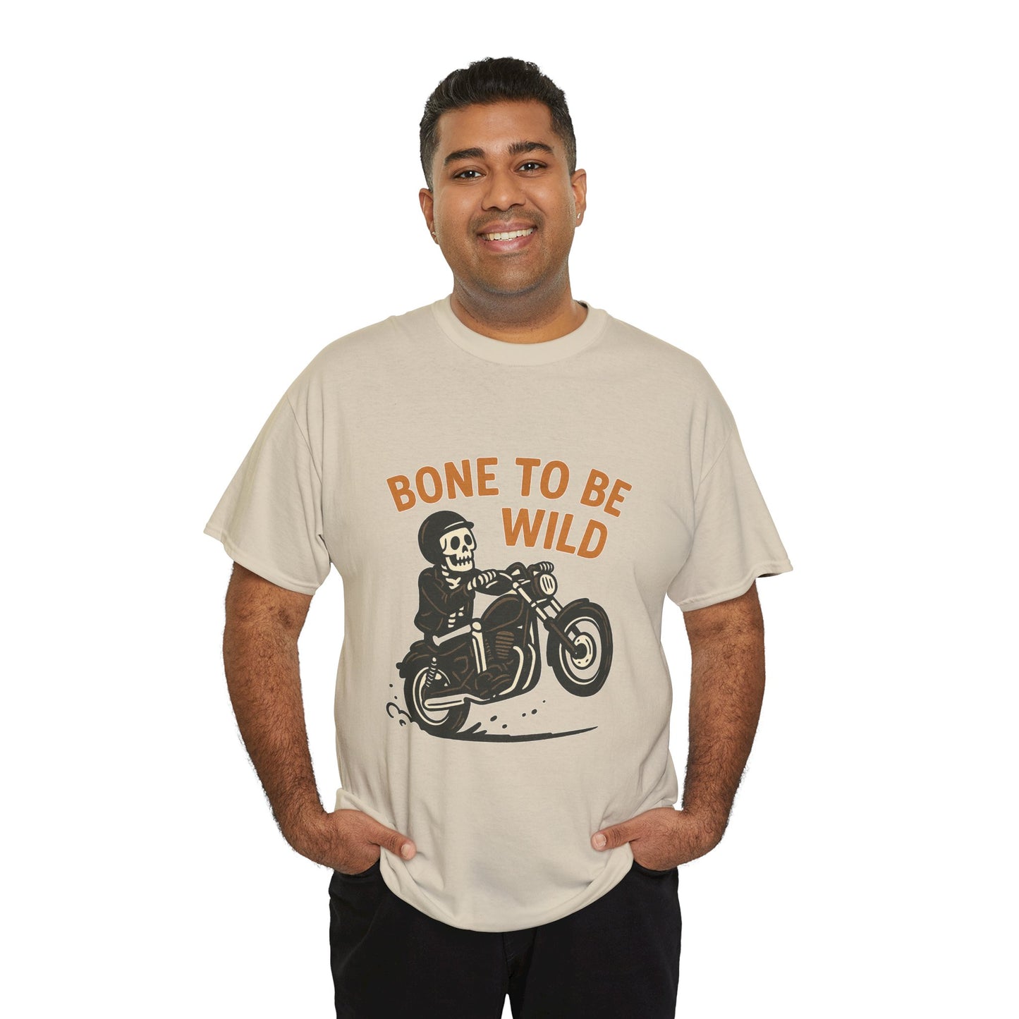 Motorcycle Tee, Bone to Be Wild Halloween Cool Bike Vibe Unisex Heavy Cotton