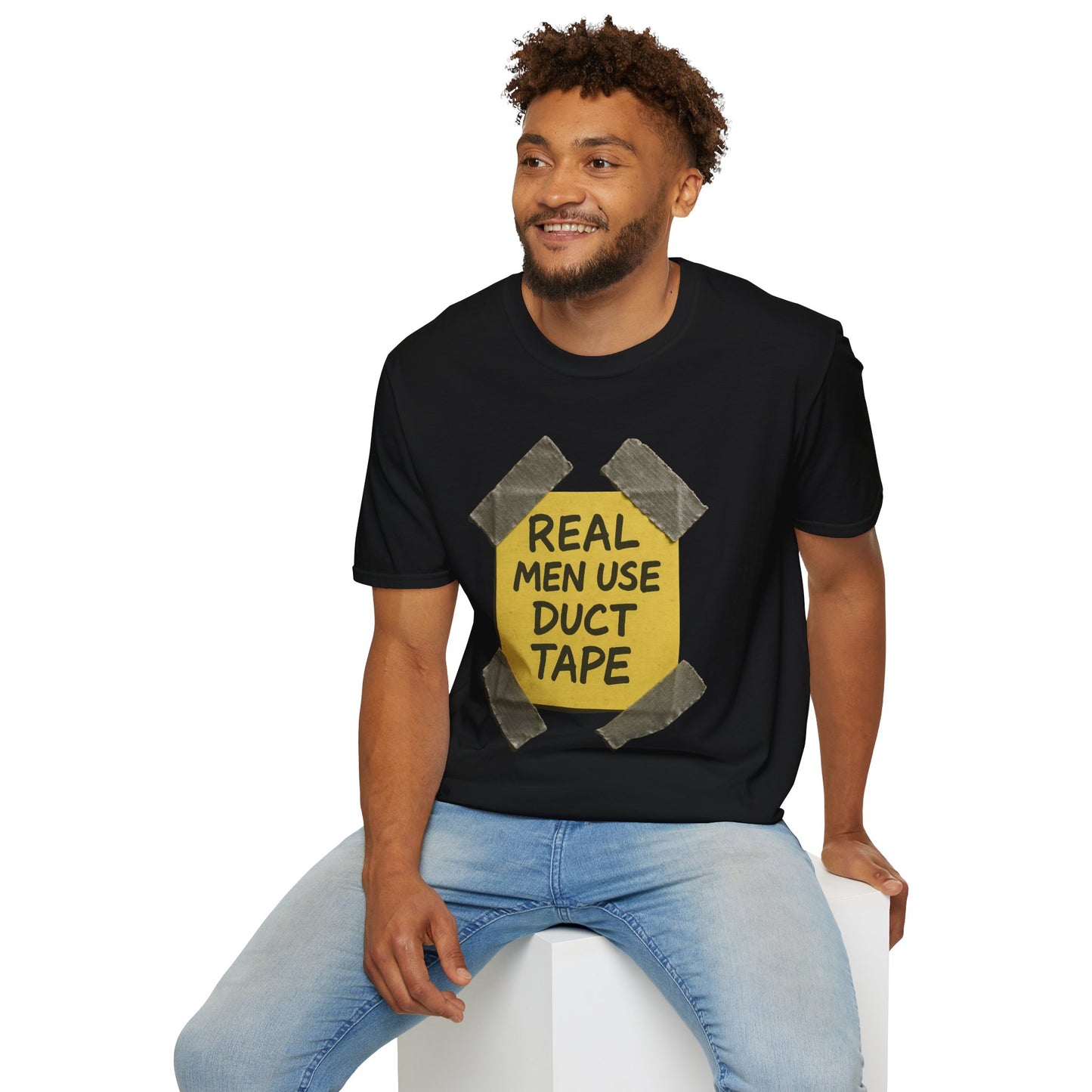 REAL MEN USE DUCT TAPE | Double-Sided '80s Fix-It T-Shirt | Bold DIY Humor Tee, Casual Wear, Handy Man Shirt, Great for Father's Day