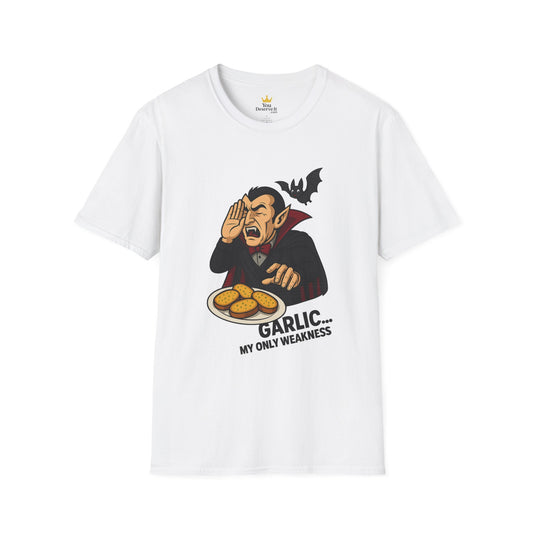 Garlic Weakness Vampire T-Shirt, Funny Halloween Humor Shirt, Unisex Graphic Tee, Spooky Gift Idea, Casual Party Wear