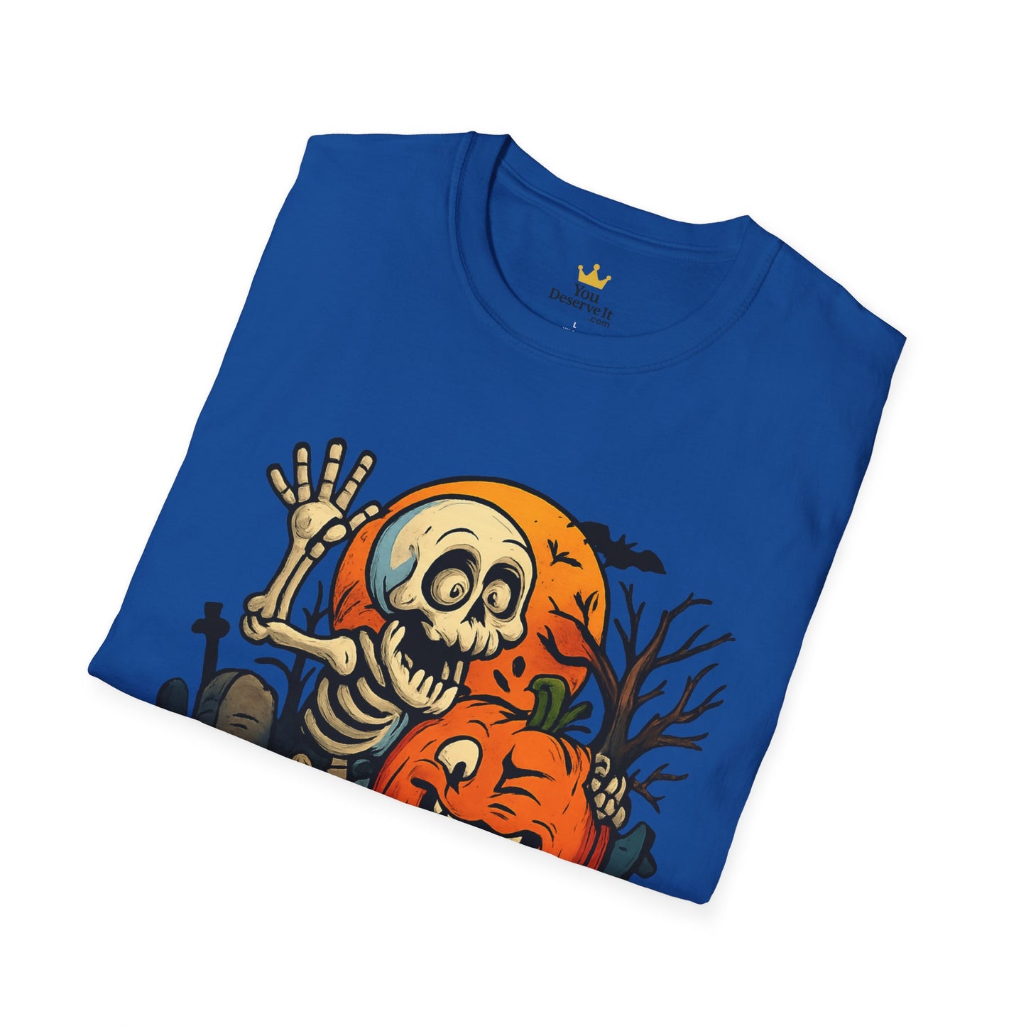 Funny Halloween Skeleton & Pumpkin T-Shirt – Cute Spooky Comic Design