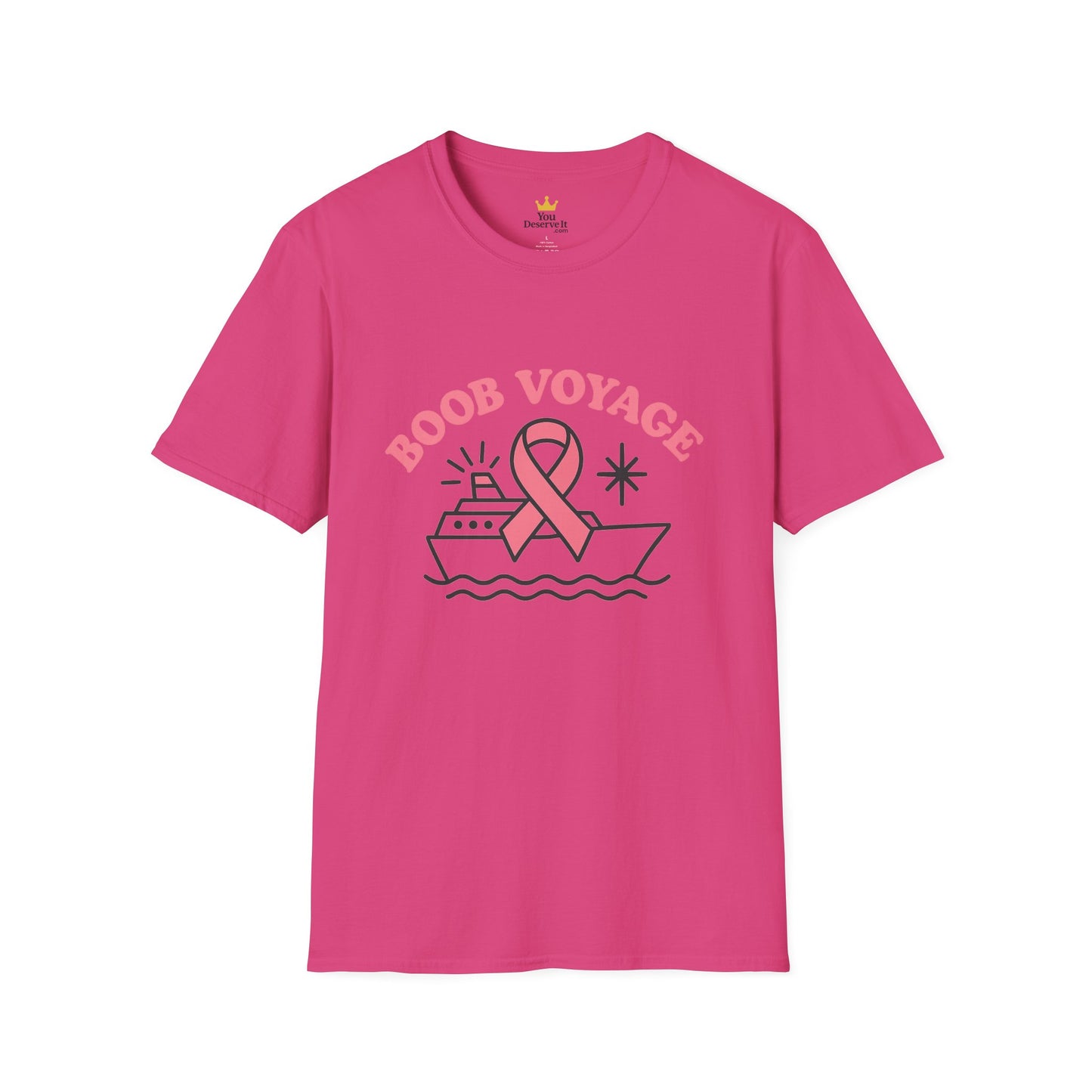 Boob Voyage T-Shirt | Funny Mastectomy Support Tee with Pink Ribbon and Cruise Ship