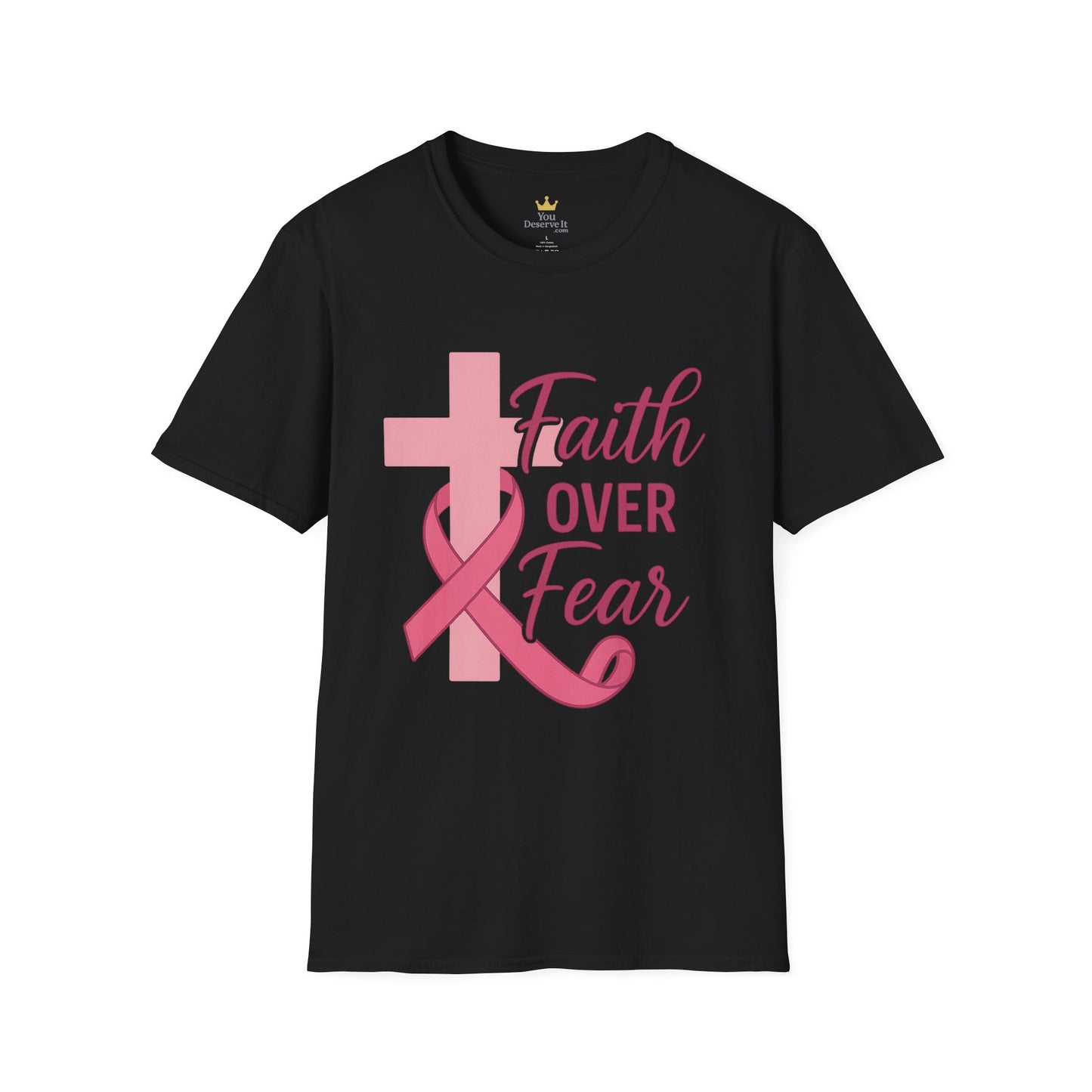 Faith Over Fear Shirt | Breast Cancer Awareness Christian Tee with Cross & Pink Ribbon