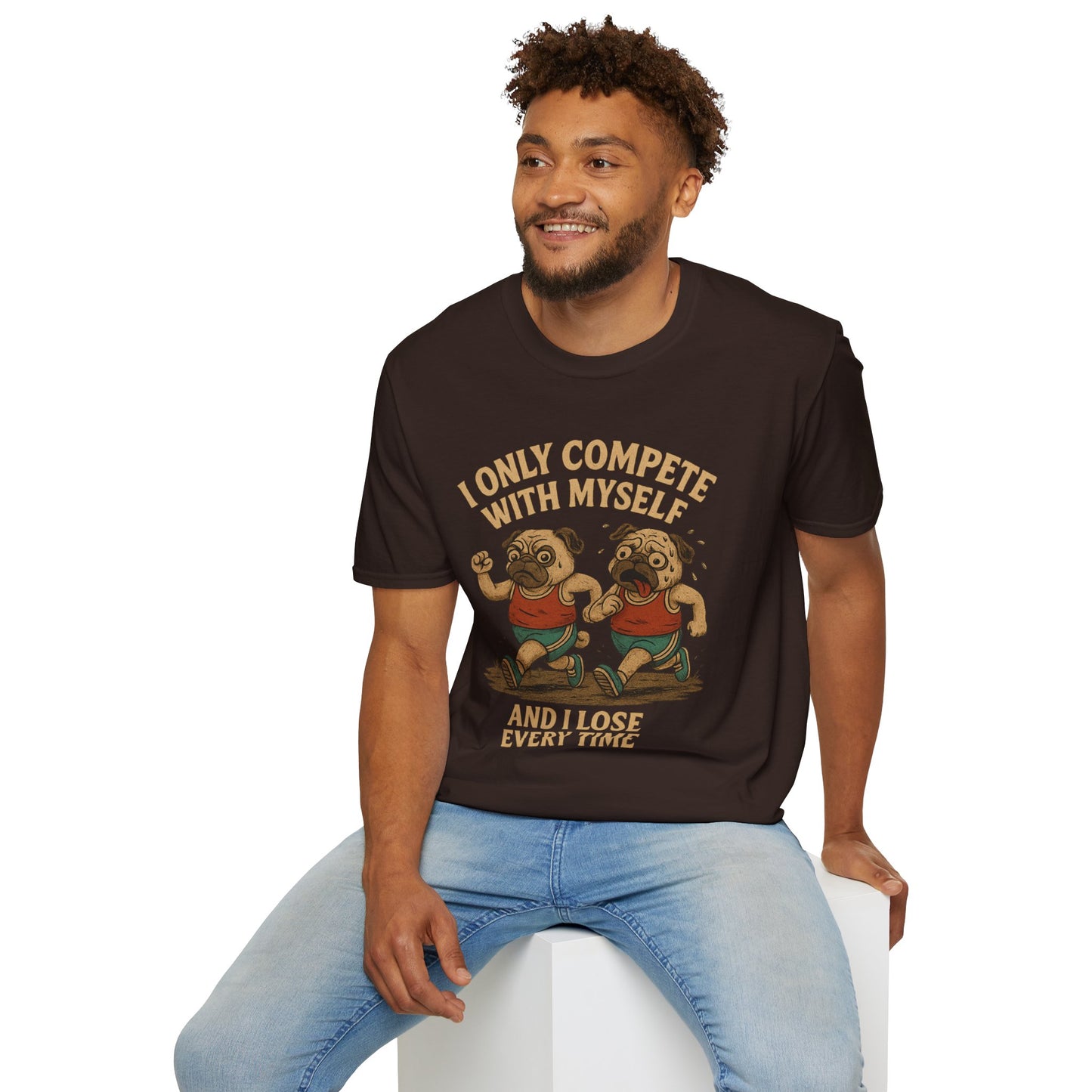 Funny Pug T-Shirt – “I Only Compete With Myself And I Lose Every Time” | Vintage Style Graphic Tee
