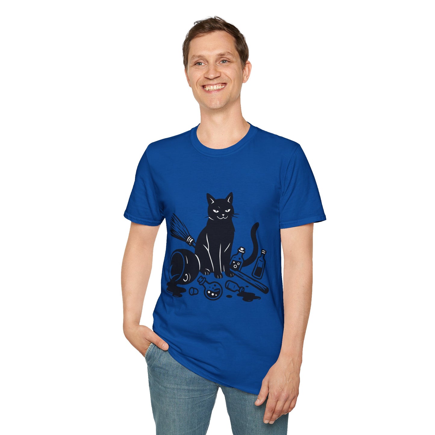 Black Cat Knocking Over Witch’s Essentials – Funny Halloween T-Shirt Design